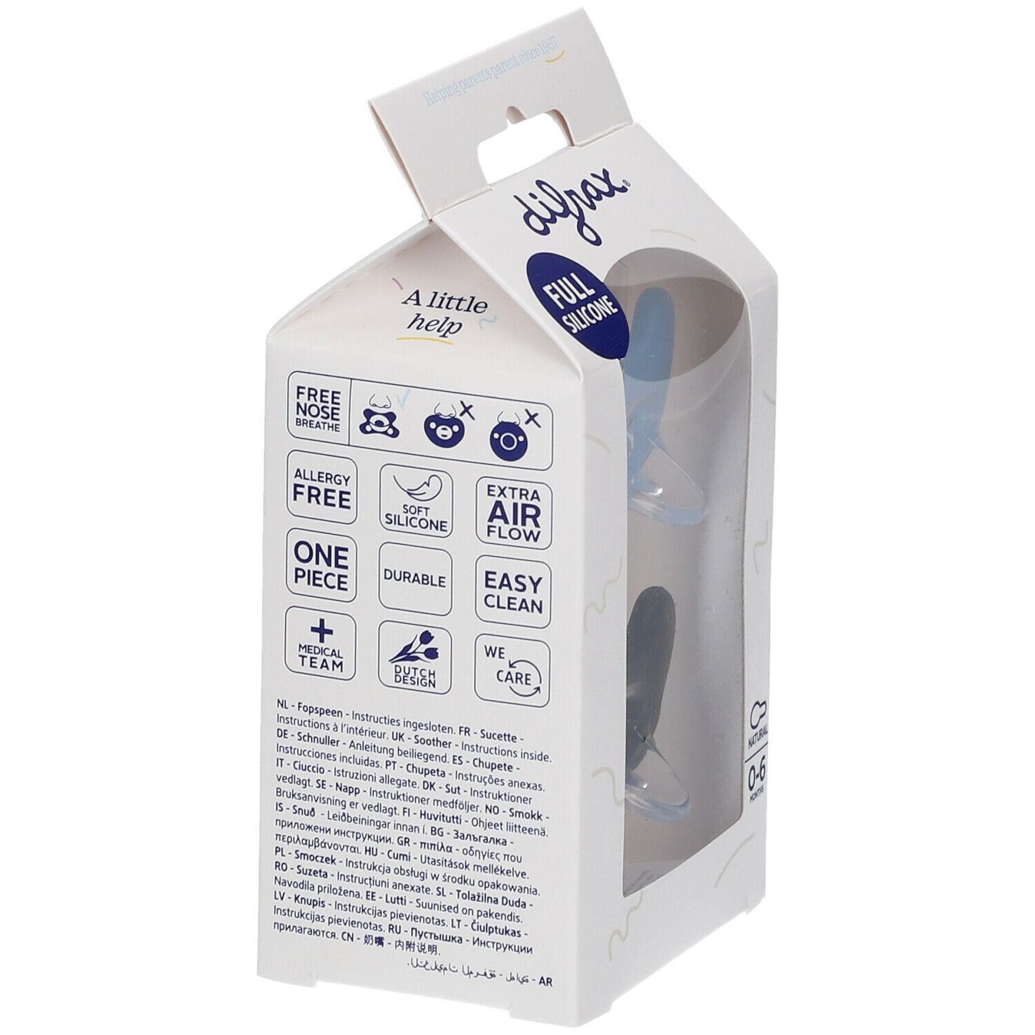 Witte verpakking met twee fopspenen. Gedrukte pictogrammen en tekst. Merk: difrax. Tekst: FULL SILICONE, FREE NOSE, SOFT SILICONE, EXTRA AIR FLOW.