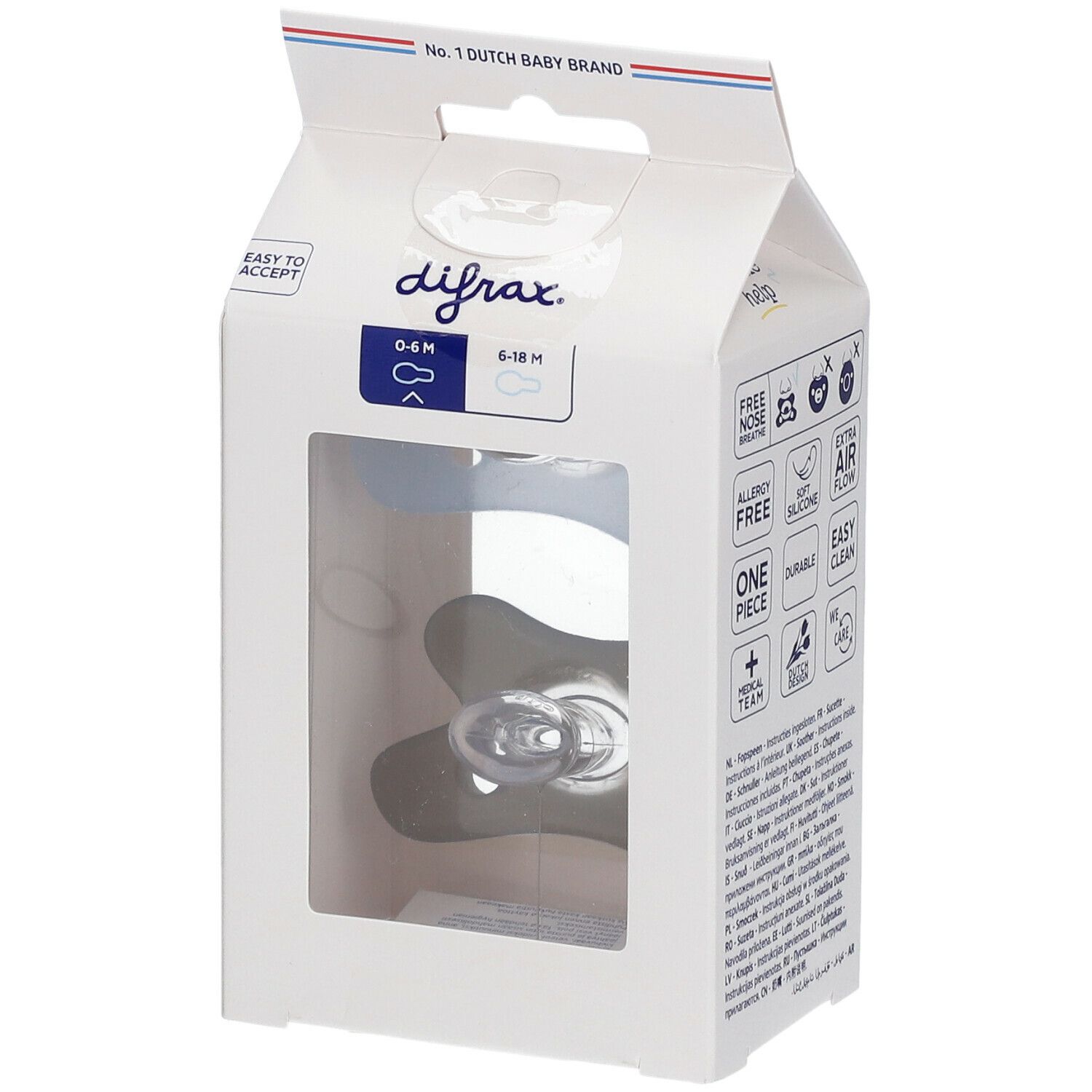 Verpakking met twee fopspenen. Blauwe en grijze fopspenen in een witte doos. Merk: difrax. Tekst: 0-6 M, EASY TO ACCEPT, No. 1 DUTCH BABY BRAND.