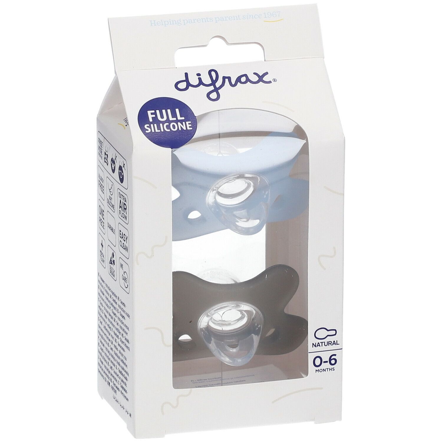 Verpakking met twee fopspenen. Blauwe en grijze siliconen fopspenen in een witte doos. Merk: difrax. Tekst: FULL SILICONE, NATURAL, 0-6.