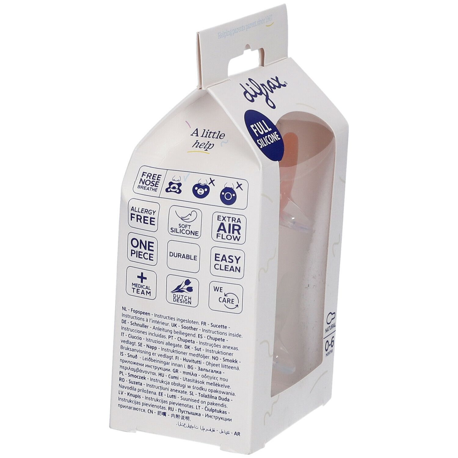 Verpakking met teksten en symbolen. Merk difrax. Tekst: Full Silicone, Extra Air Flow, Easy Clean. Venster toont fopspeen.