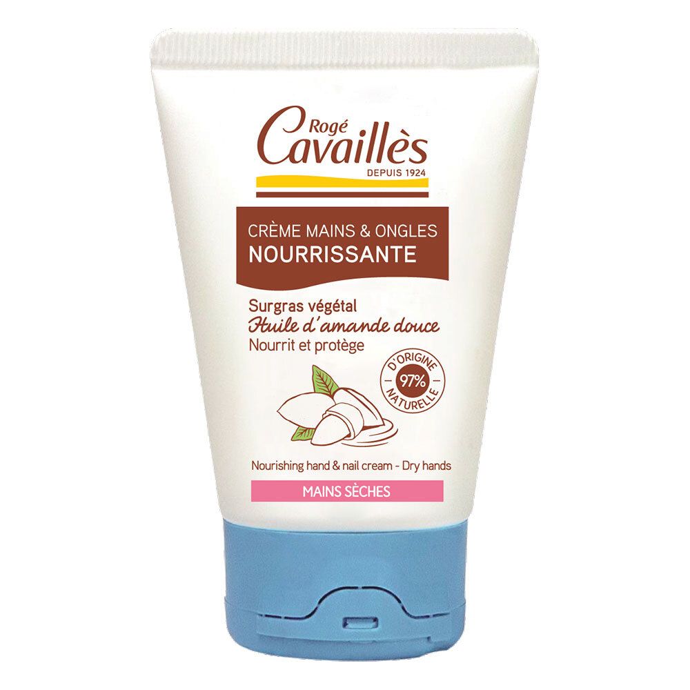Tube Rogé Cavaillès Crème Mains & Ongles Nourrissante. Wit, bruine en roze accenten. Tekst: Crème Mains & Ongles Nourrissante, 97% natuurlijke oorsprong.
