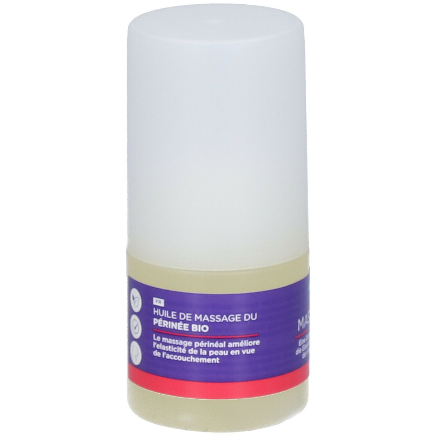 Flacon cylindrique à bouchon blanc. Inscription: Huile de massage du périnée BIO. Étiquette violette avec texte blanc.