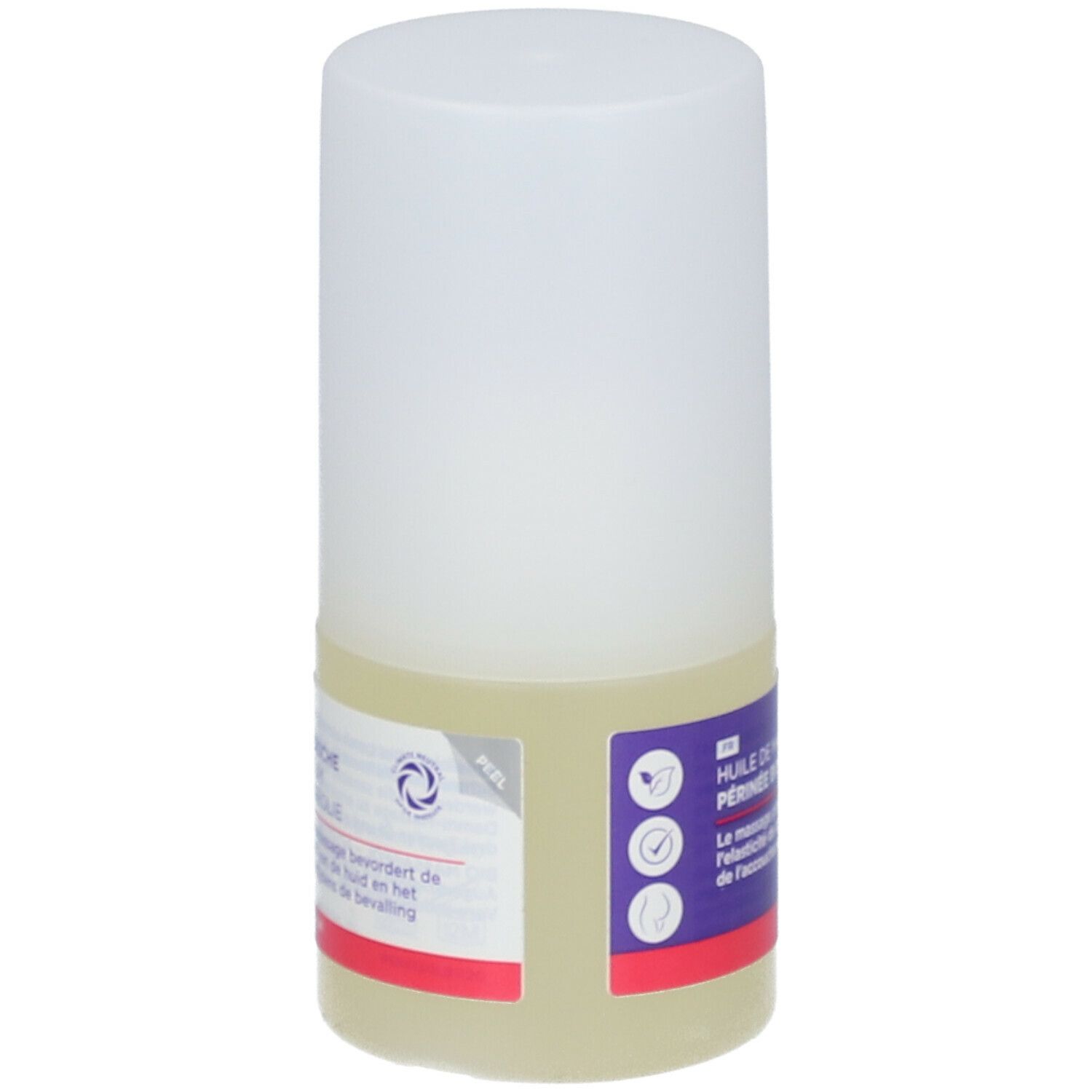 Flacon cylindrique à bouchon blanc. Inscription: Perineum Massageolie BIO. Étiquette violette avec texte blanc.