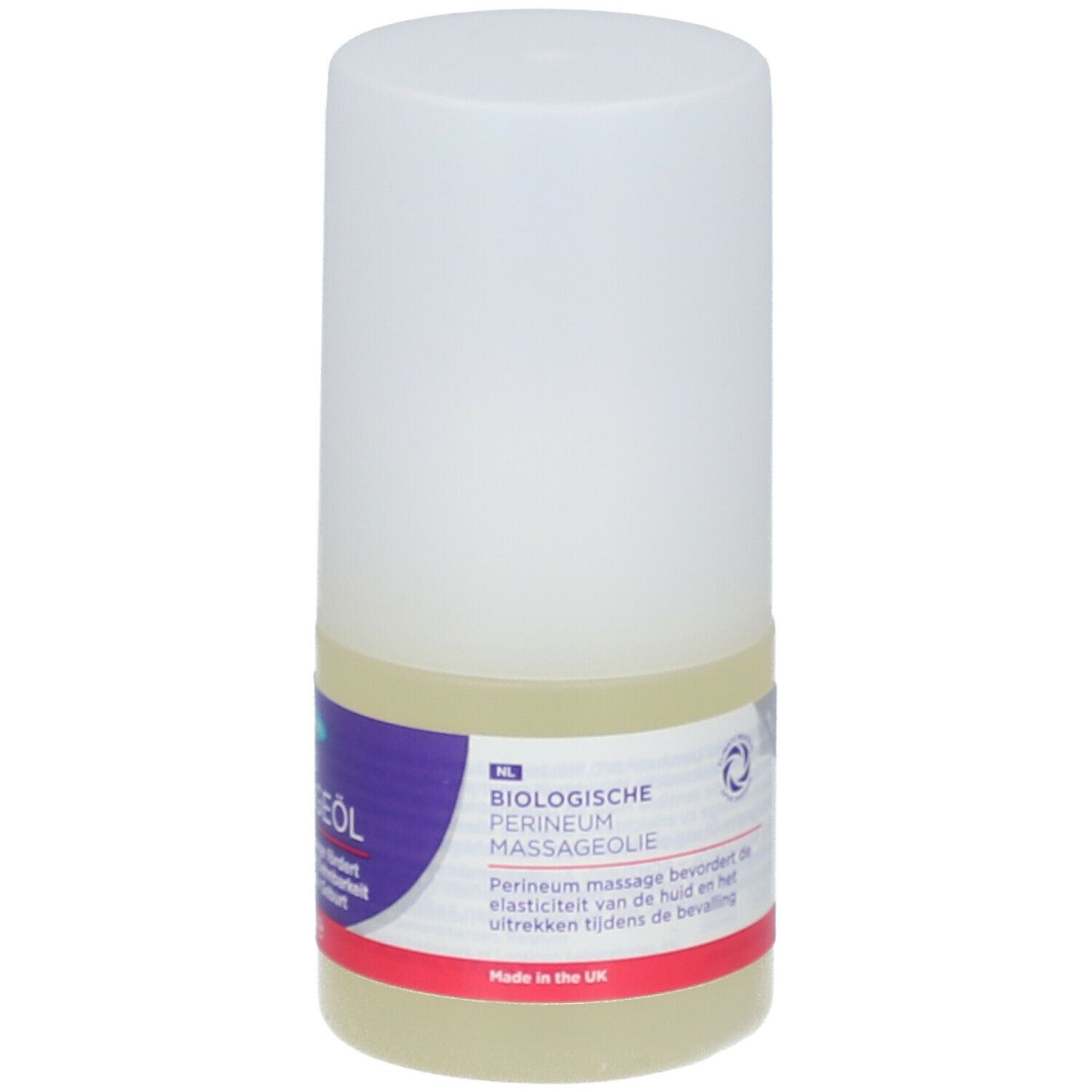Flacon cylindrique à bouchon blanc. Inscription: Biologische Perineum Massageolie. Étiquette violette avec texte blanc.