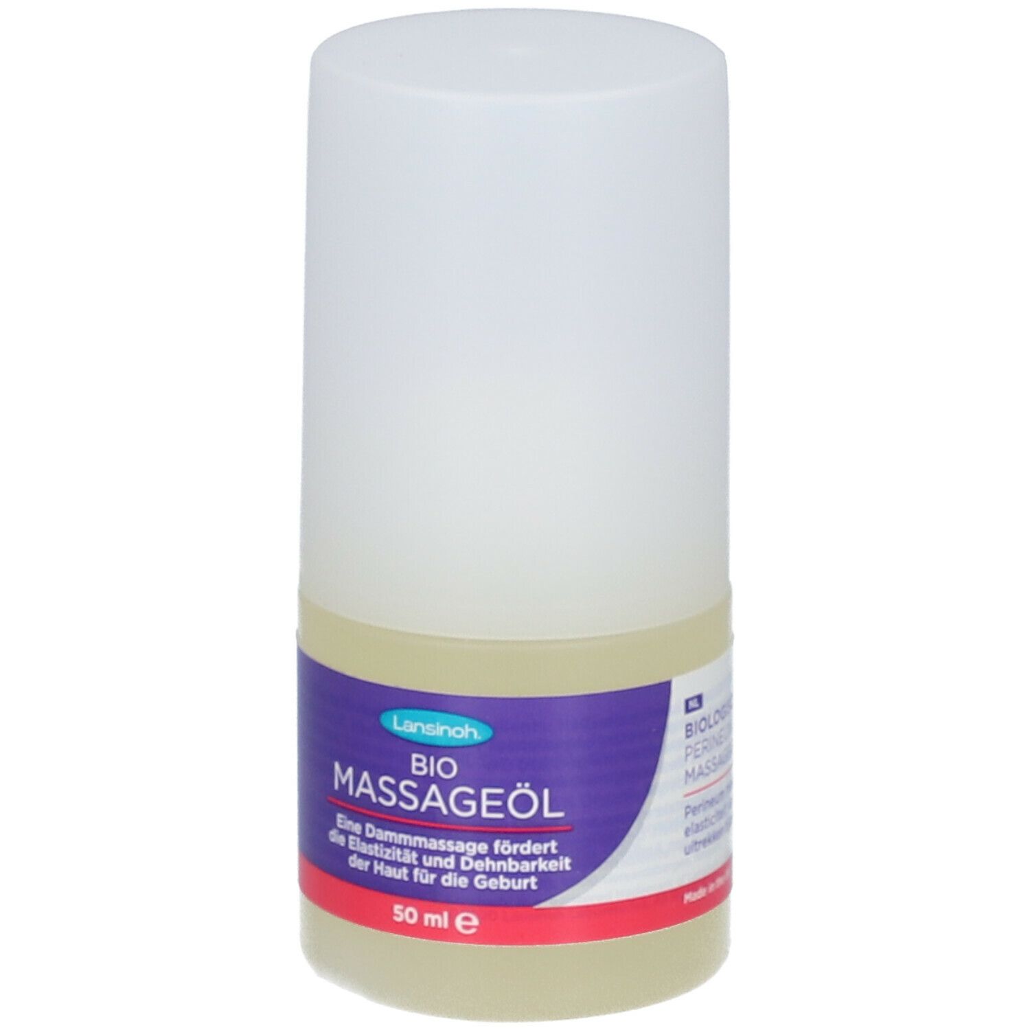 Flacon cylindrique à bouchon blanc. Inscription: BIO Massageöl, 50 ml. Étiquette violette avec texte blanc.