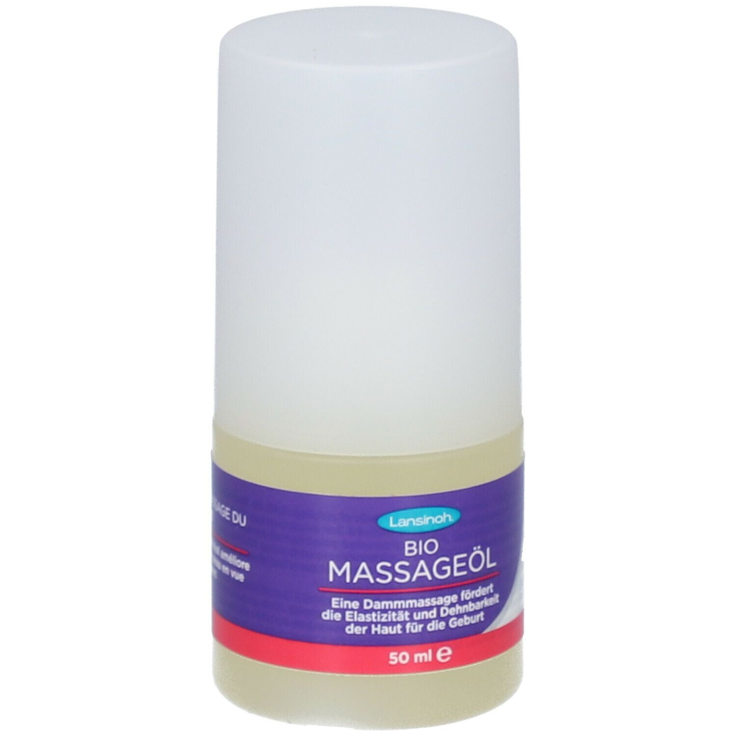 Flacon cylindrique à bouchon blanc. Inscription: BIO Massageöl, 50 ml. Étiquette violette avec texte blanc.