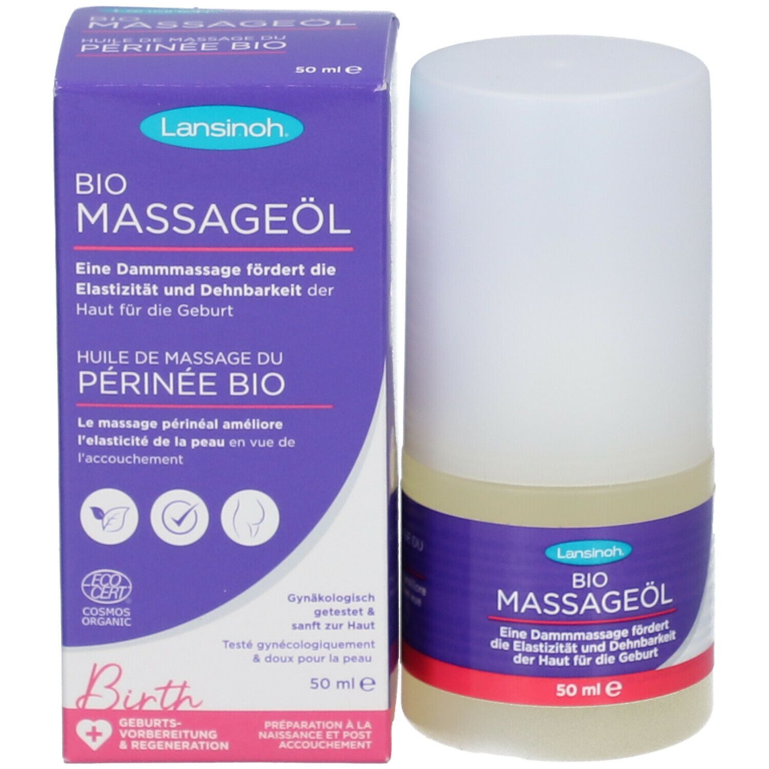 Emballage et flacon. Inscription: BIO Massageöl, 50 ml. Emballage violet avec texte blanc. Flacon à côté.
