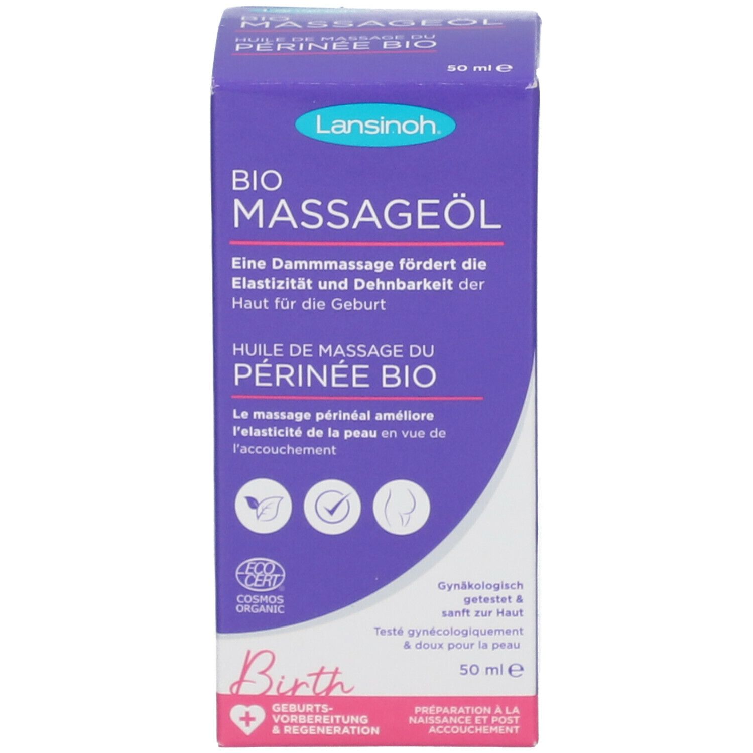 Emballage du produit. Inscription: BIO Massageöl, 50 ml. Emballage violet avec texte blanc. Logos et texte.