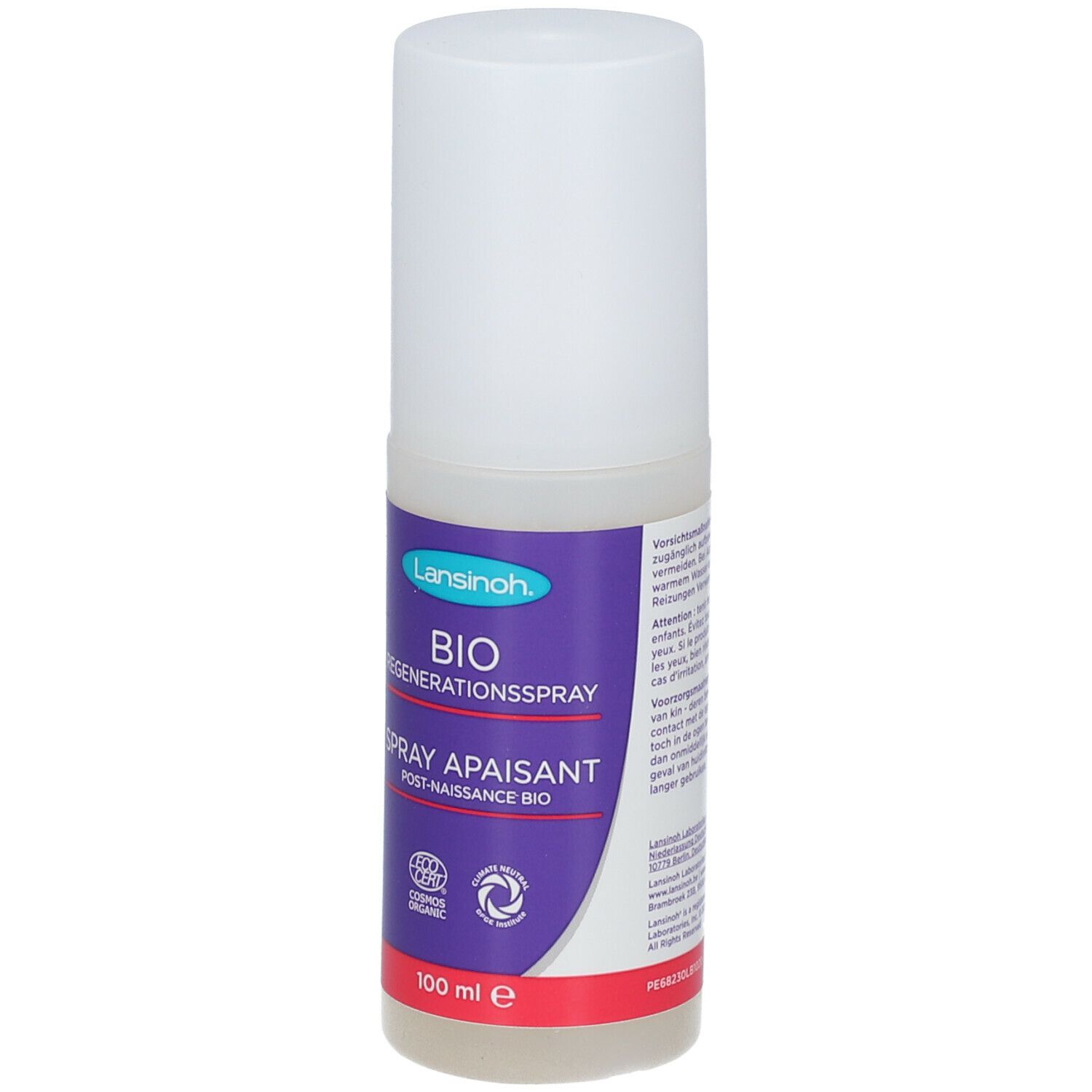 Sprayfles met witte dop. Opschrift: BIO Regenerationsspray, Spray Apaisant Post-Naissance Bio. 100 ml.