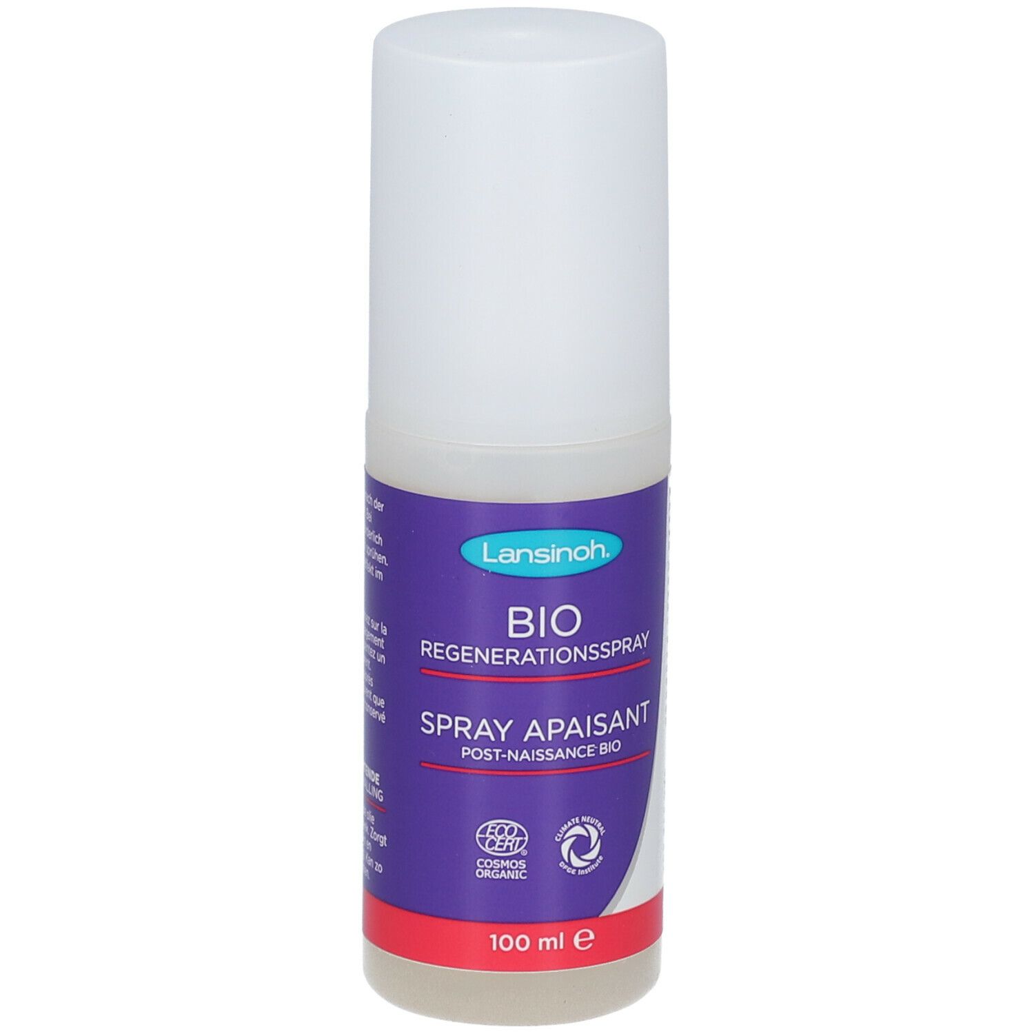Sprayfles met witte dop. Opschrift: BIO Regenerationsspray, Spray Apaisant Post-Naissance Bio. 100 ml.