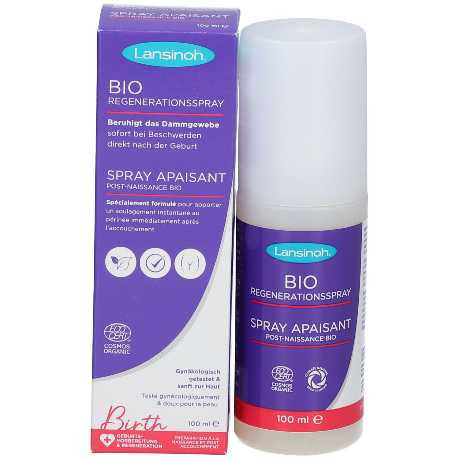Productverpakking en sprayfles. Opschrift: BIO Regenerationsspray, Spray Apaisant Post-Naissance Bio. 100 ml.