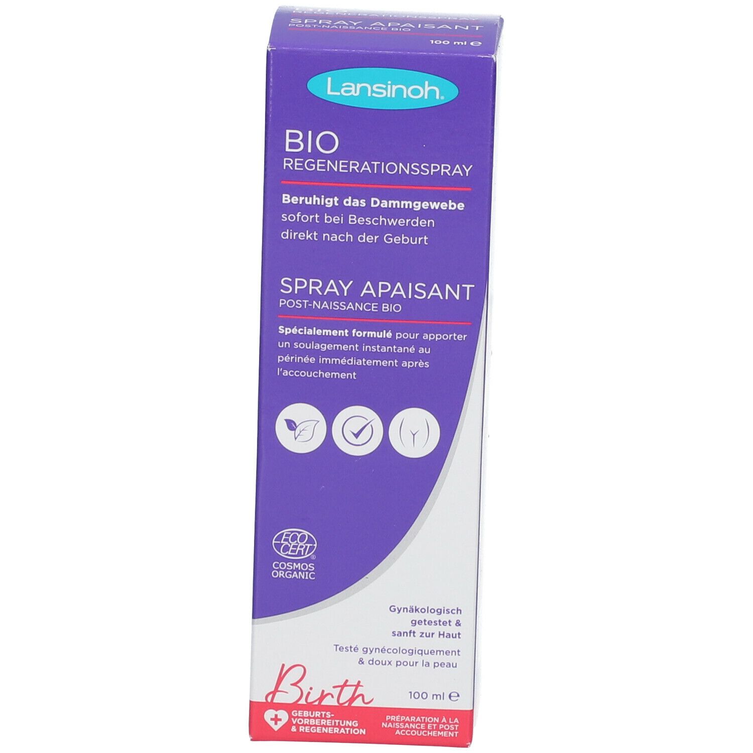 Productverpakking. Opschrift: BIO Regenerationsspray, Spray Apaisant Post-Naissance Bio. 100 ml.