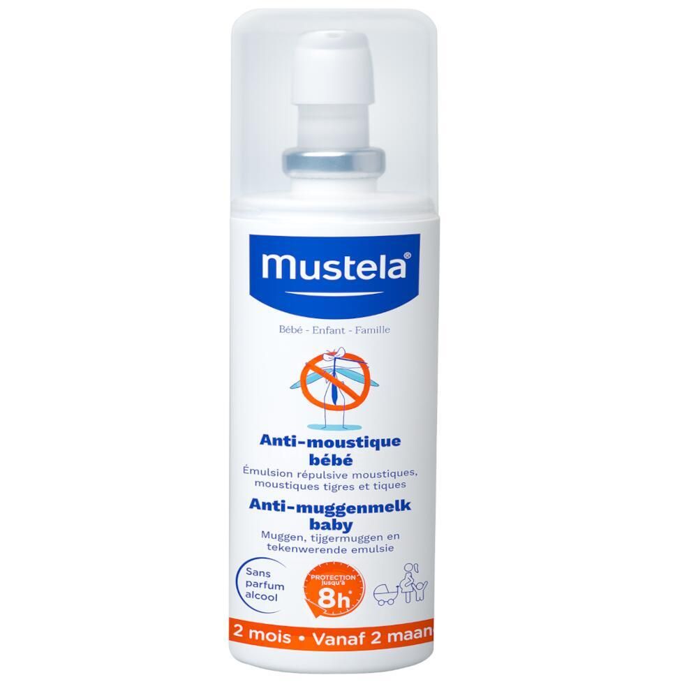 Witte spray Mustela Anti-moustique bébé. Transparante dop. 8u bescherming. Zonder parfum, zonder alcohol. Vanaf 2 maanden.