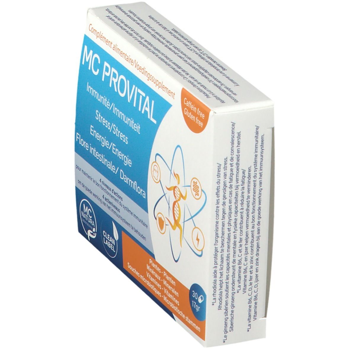 Schuin geplaatste verpakking van MC Provital. Blauw en wit. Bevat 30 tabletten. Tekst: Immuniteit, Stress, Energie, Darmflora.