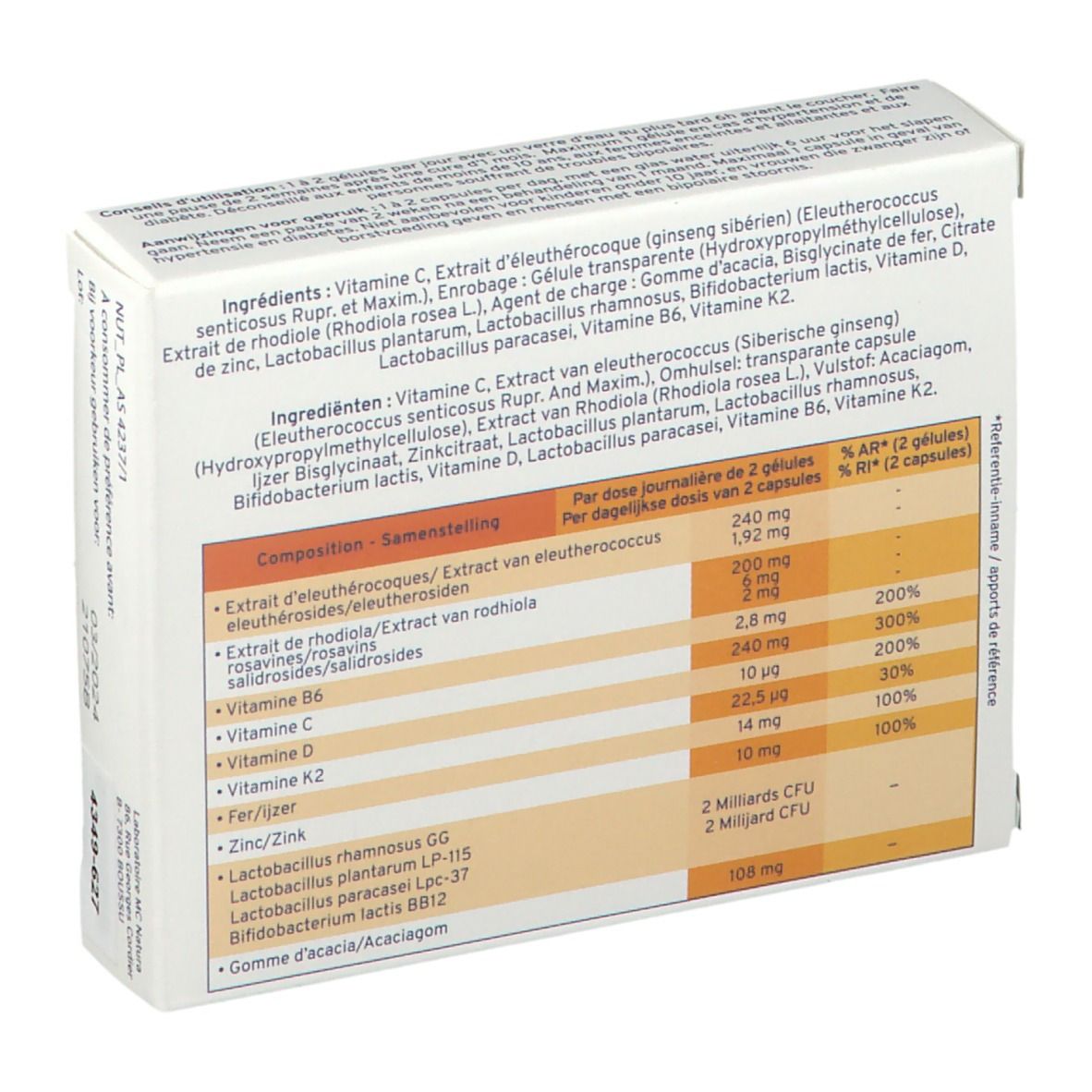 Achterkant van de MC Provital verpakking. Bevat ingrediënten en voedingswaarde-informatie. Tekst: Vitamine C, Zink, Lactobacillus.