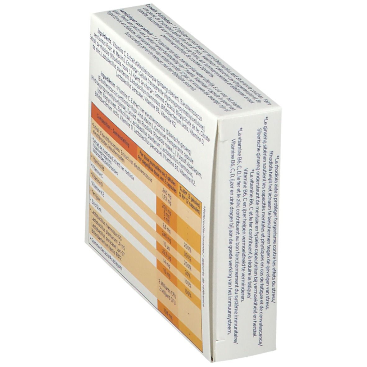 Schuin geplaatste achterkant van de MC Provital verpakking. Bevat ingrediënten en voedingswaarde-informatie. Tekst: Vitamine C, Zink, Lactobacillus.