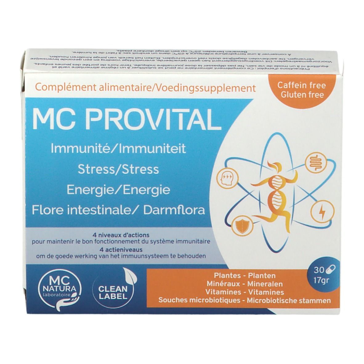 MC Provital verpakking. Blauw en wit. Bevat 30 tabletten. Tekst: Immuniteit, Stress, Energie, Darmflora. Logo MC Natura Laboratoire.