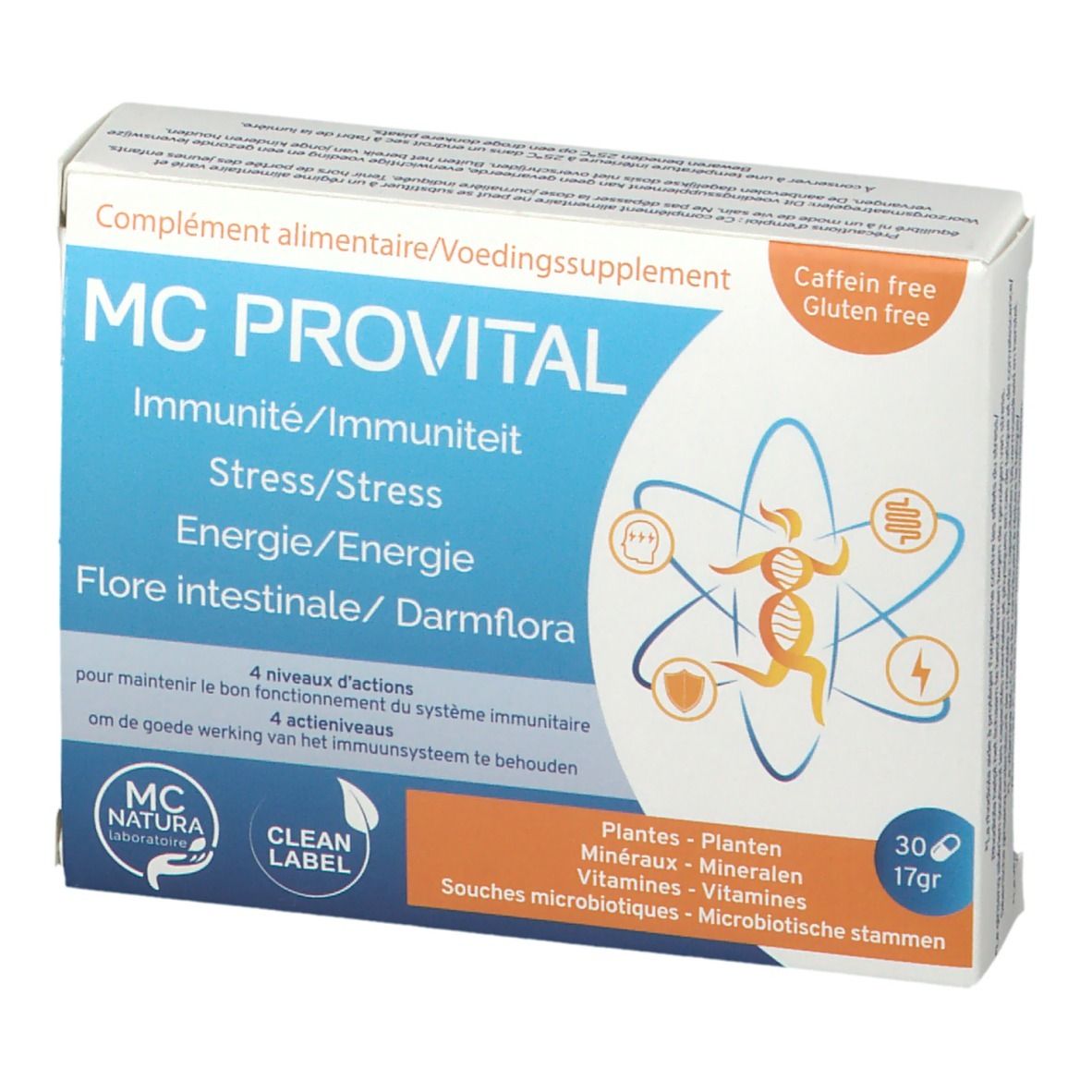 MC Provital verpakking. Blauw en wit. Bevat 30 tabletten. Tekst: Immuniteit, Stress, Energie, Darmflora. Logo MC Natura Laboratoire.