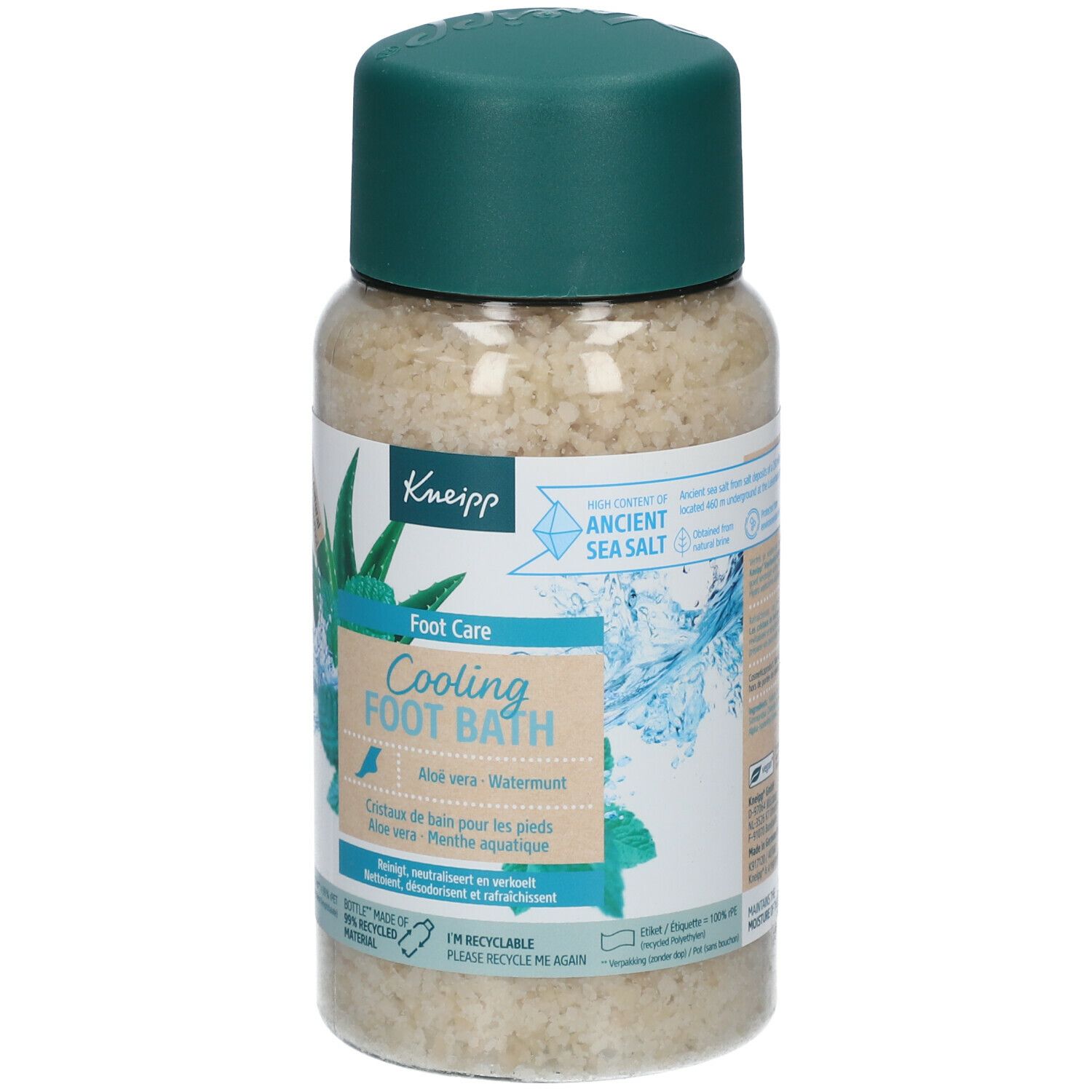 Pot met badzout. Opschrift: Cooling Foot Bath, Aloe Vera, Watermunt. Groene deksel. Transparante pot.