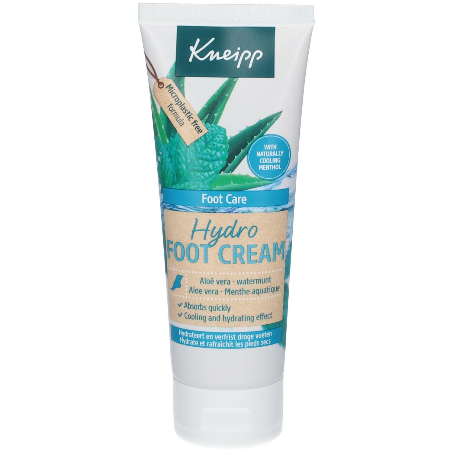 Witte tube met groene tekst. Bevat Hydro Foot Cream. Aloë vera en watermunt. Met menthol. Microplasticvrij.