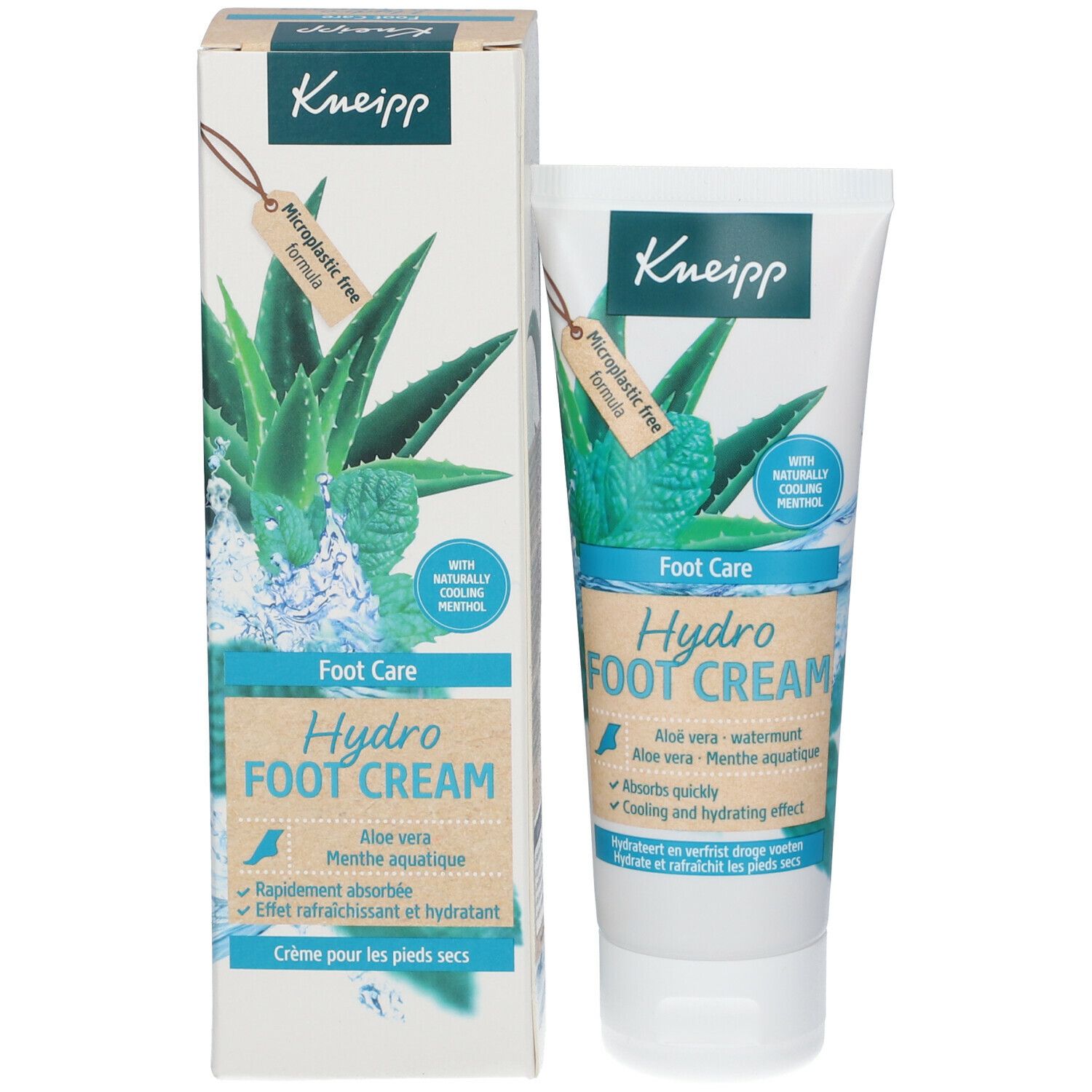 Productverpakking met tube en doos. Doos met aloë vera en munt. Bevat Hydro Foot Cream. Met menthol. Microplasticvrij.