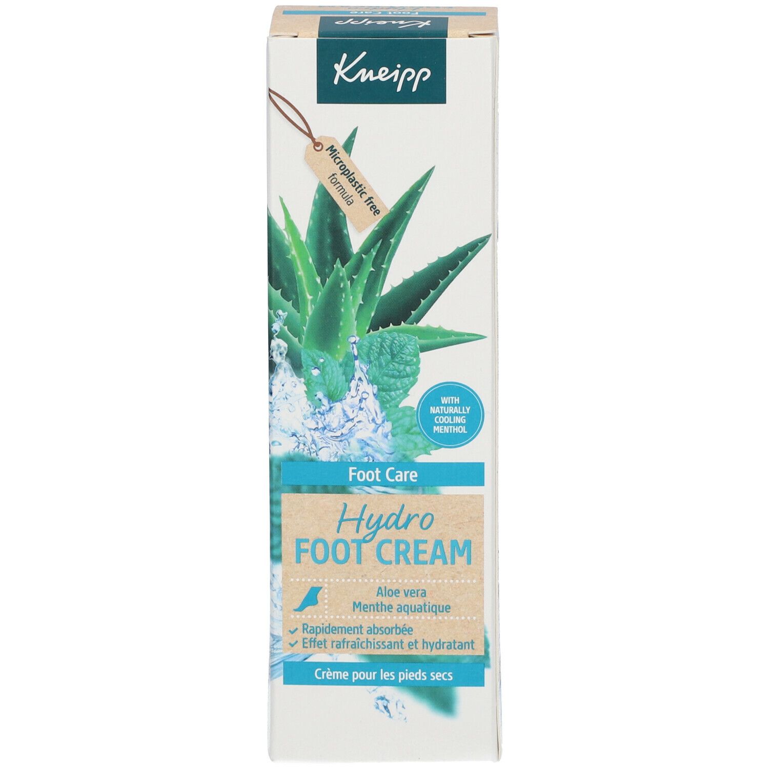 Hoge productverpakking. Doos met aloë vera en munt. Bevat Hydro Foot Cream. Met menthol. Microplasticvrij.