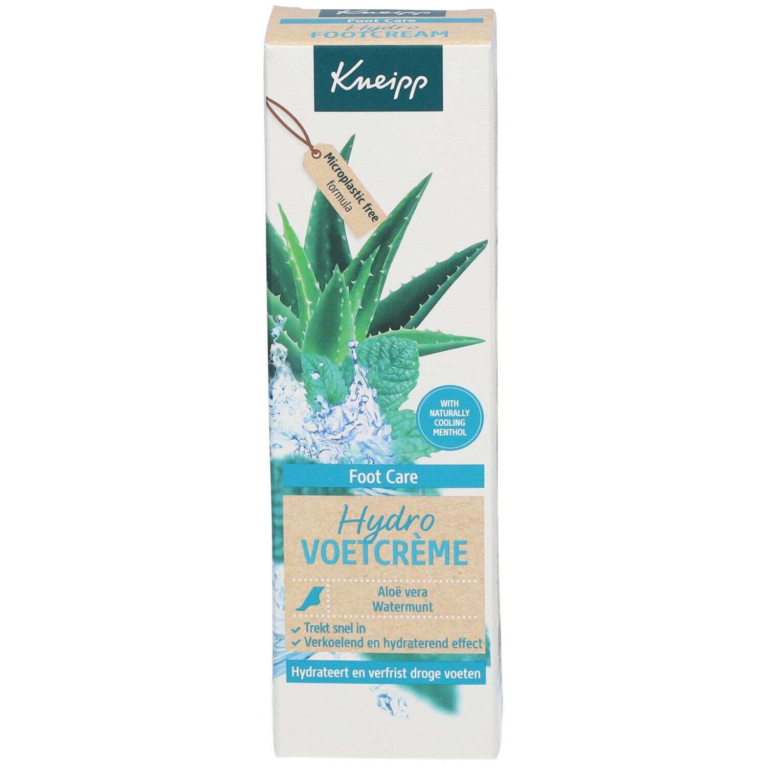 Hoge productverpakking. Bevat Hydro Voetcrème. Aloë vera en watermunt. Met menthol. Microplasticvrij.