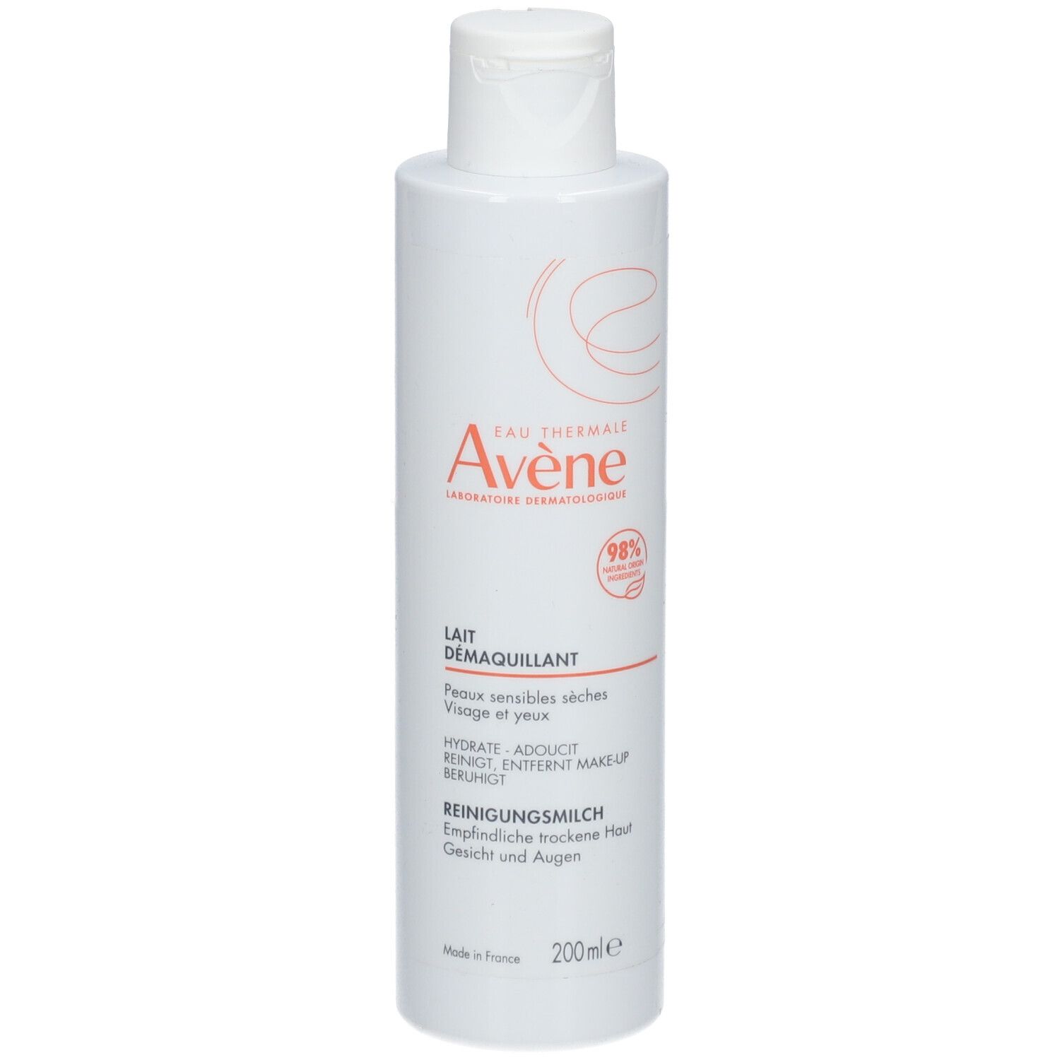 Witte fles met rode tekst. Bevat reinigingsmelk voor gevoelige huid en ogen. Merk: Avène.