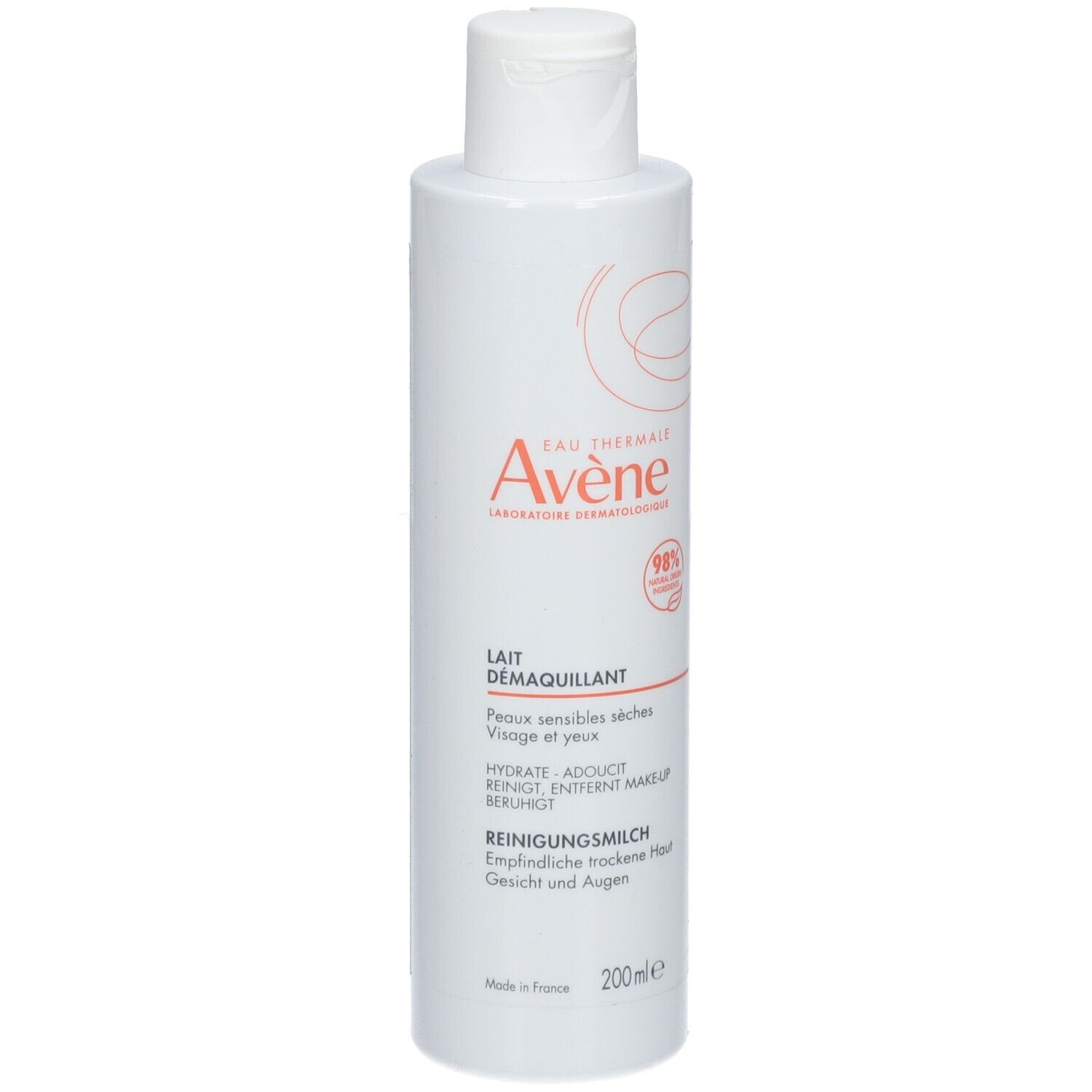 Witte fles met rode tekst. Bevat reinigingsmelk voor gevoelige huid en ogen. Merk: Avène.