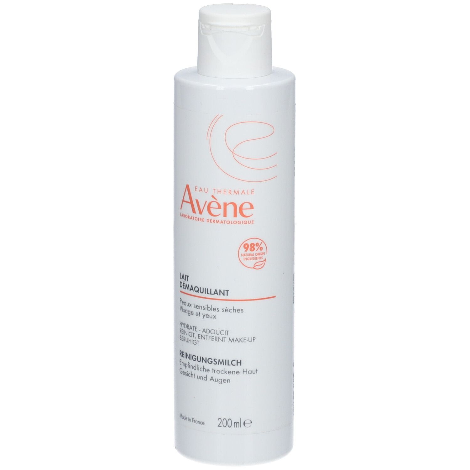 Witte fles met rode tekst. Bevat reinigingsmelk voor gevoelige huid en ogen. Merk: Avène.