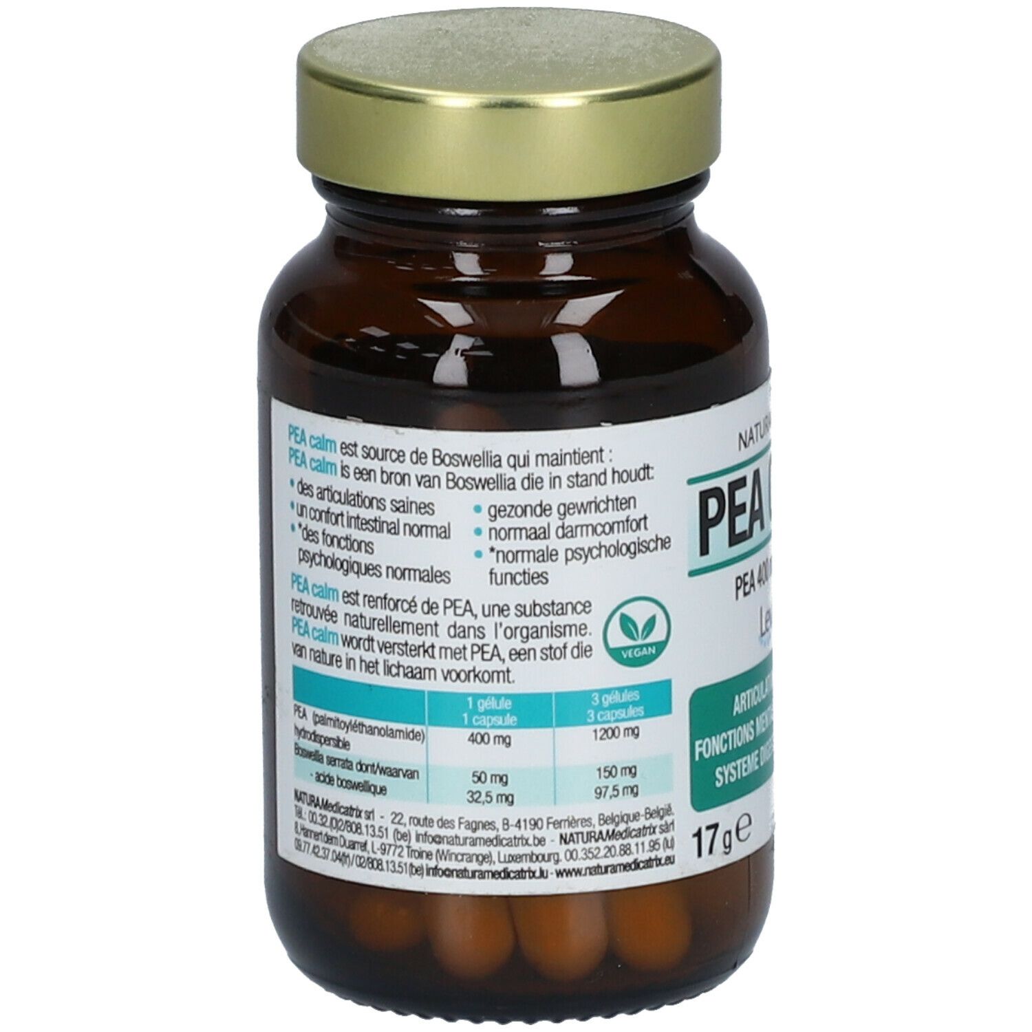 Achterkant bruine glazen fles. Etiket met informatie over "PEA CALM". Tabel met dosering en ingrediënten.