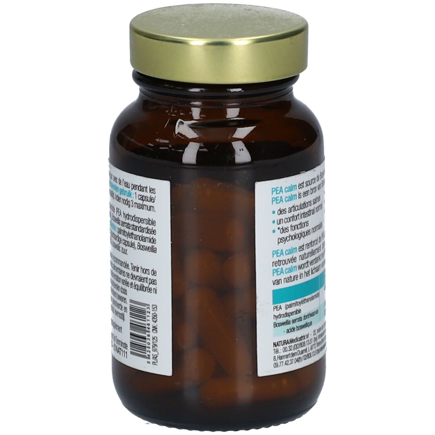 Bruine glazen fles met gouden dop. Etiket met informatie over "PEA CALM". Capsules zichtbaar binnenin.