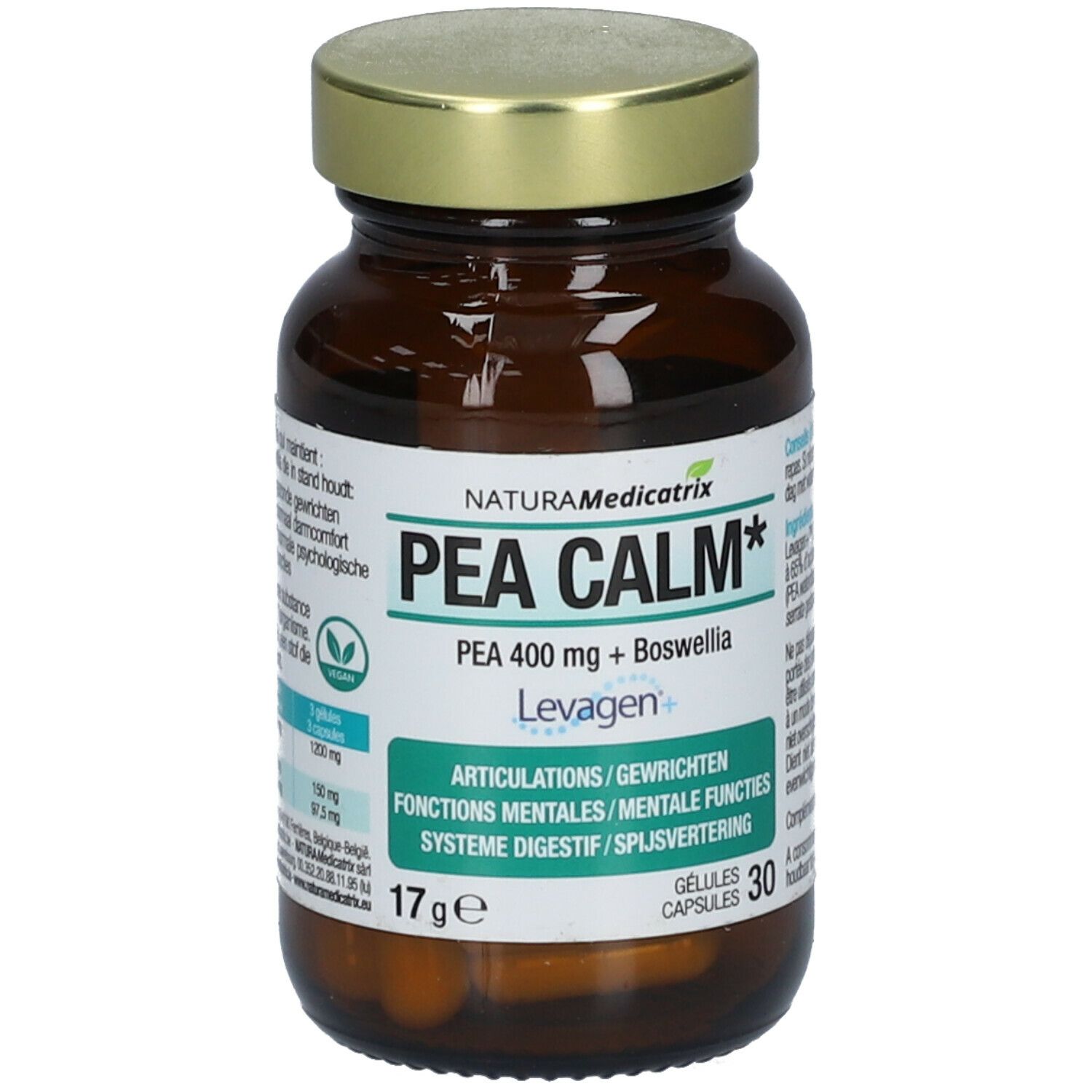 Bruine glazen fles met gouden dop. Etiket met "PEA CALM" en "PEA 400 mg + Boswellia". 30 capsules.