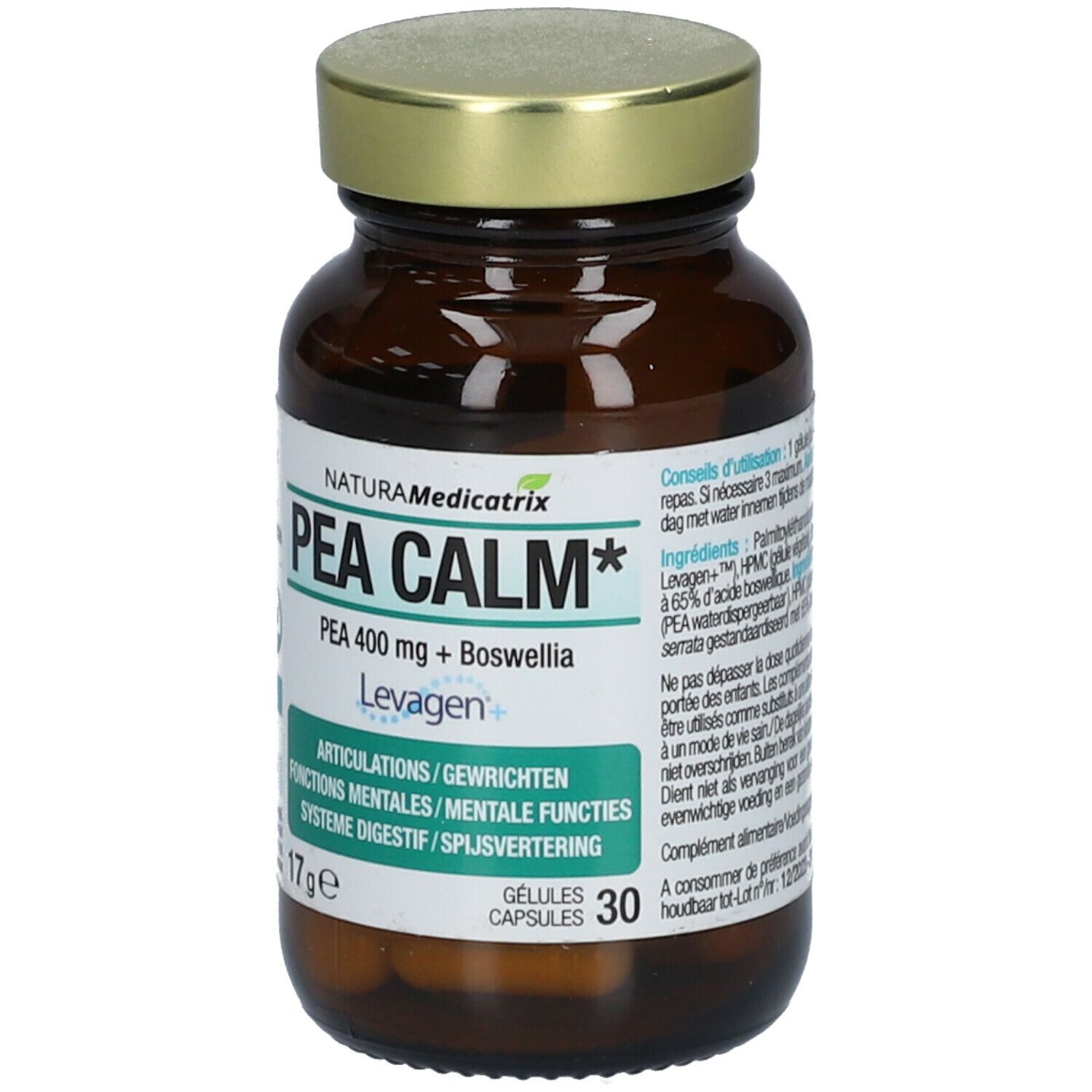 Bruine glazen fles met gouden dop. Etiket met "PEA CALM" en "PEA 400 mg + Boswellia". 30 capsules.