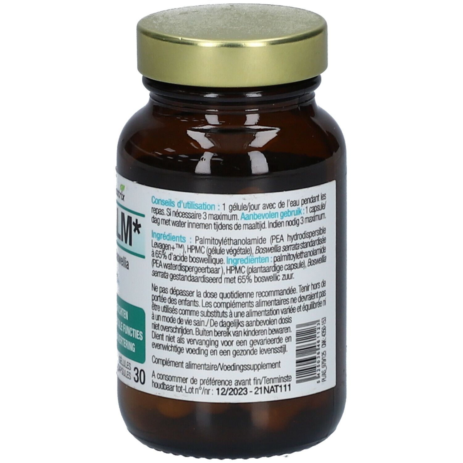Bruine glazen fles met gouden dop. Etiket met informatie over "PEA CALM". Ingrediënten en gebruiksaanwijzing.