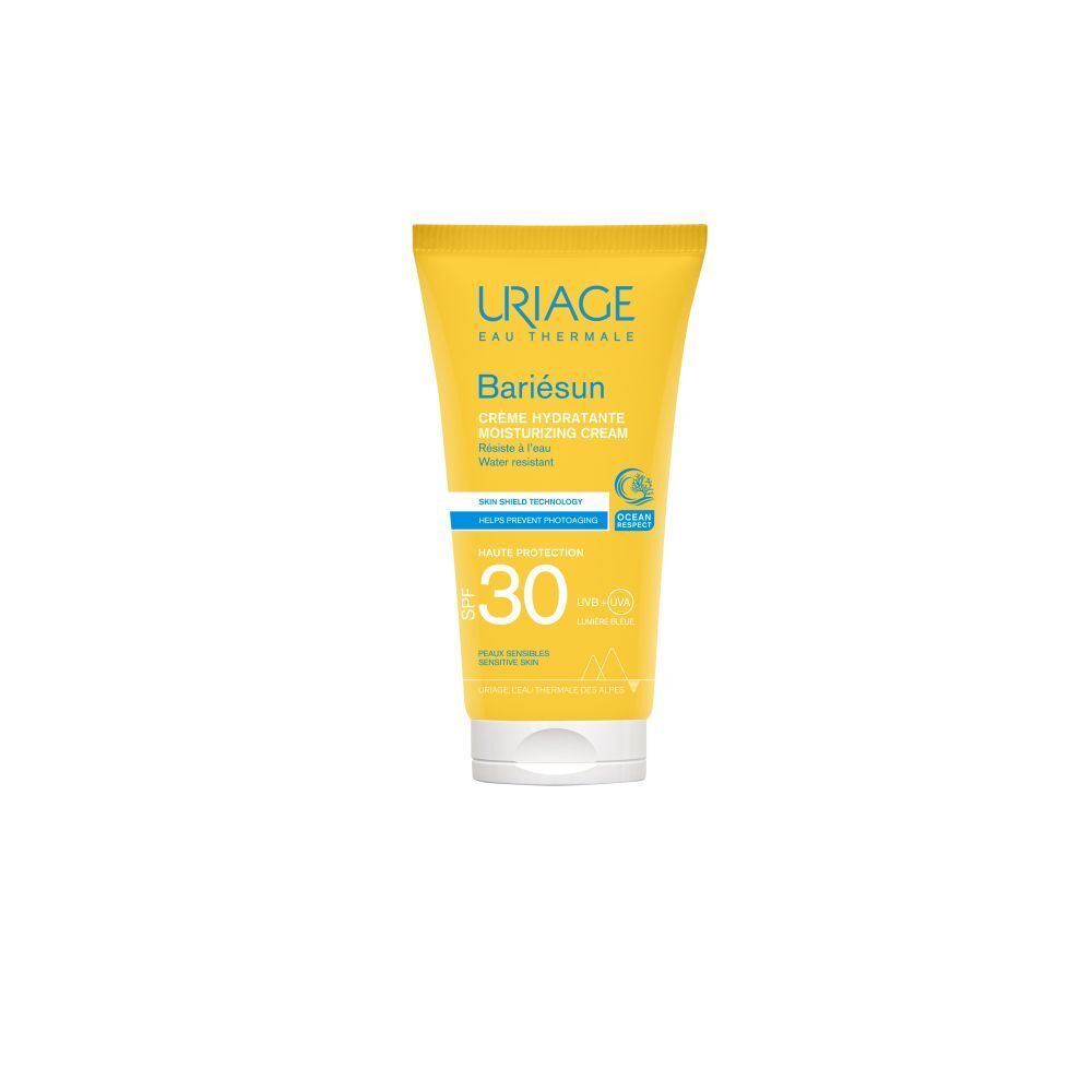 Tube jaune Uriage Bariesun crème SPF30. Résistant à l'eau, peaux sensibles. SPF30.