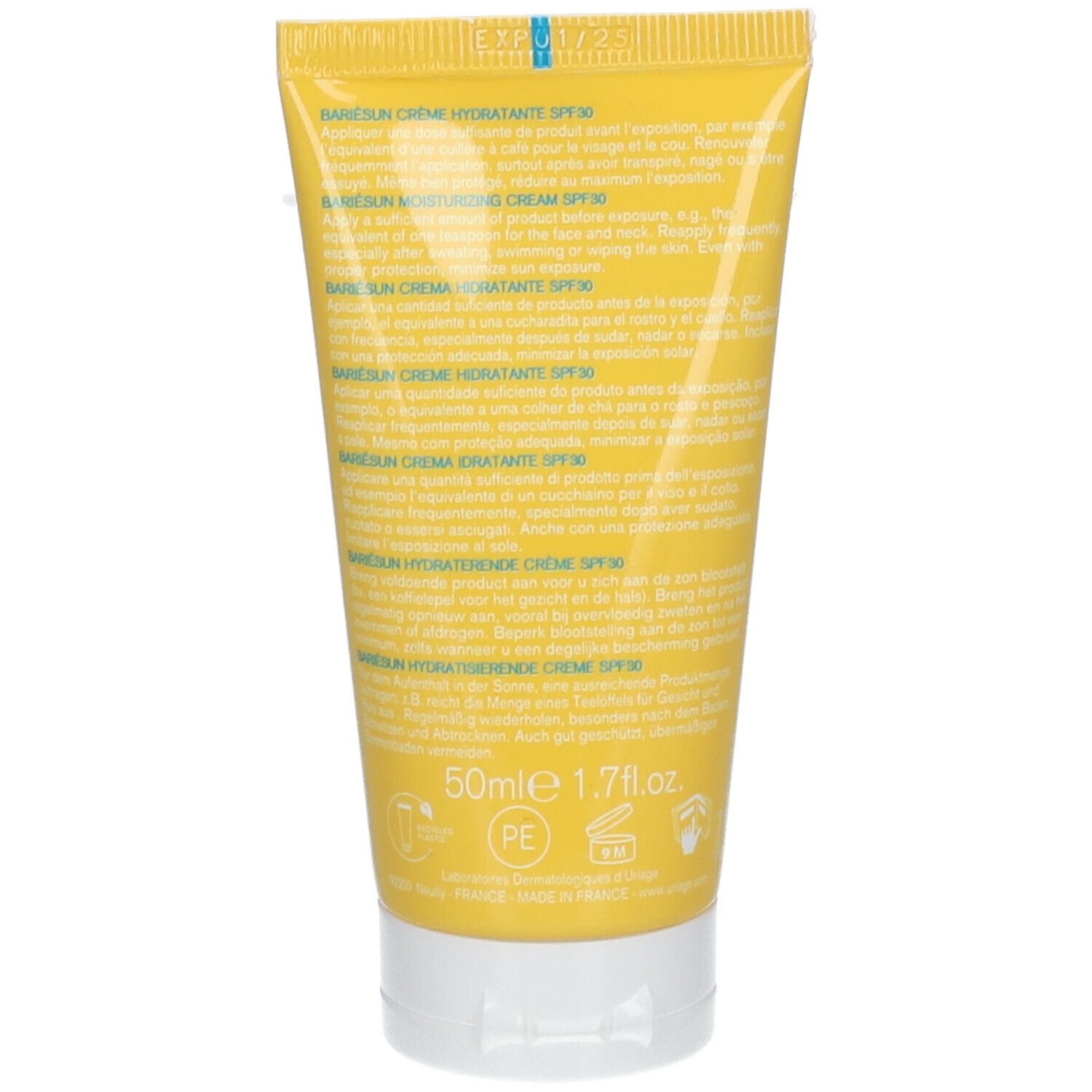 Dos du tube jaune Uriage Bariesun crème SPF30. Texte multilingue. 50ml.