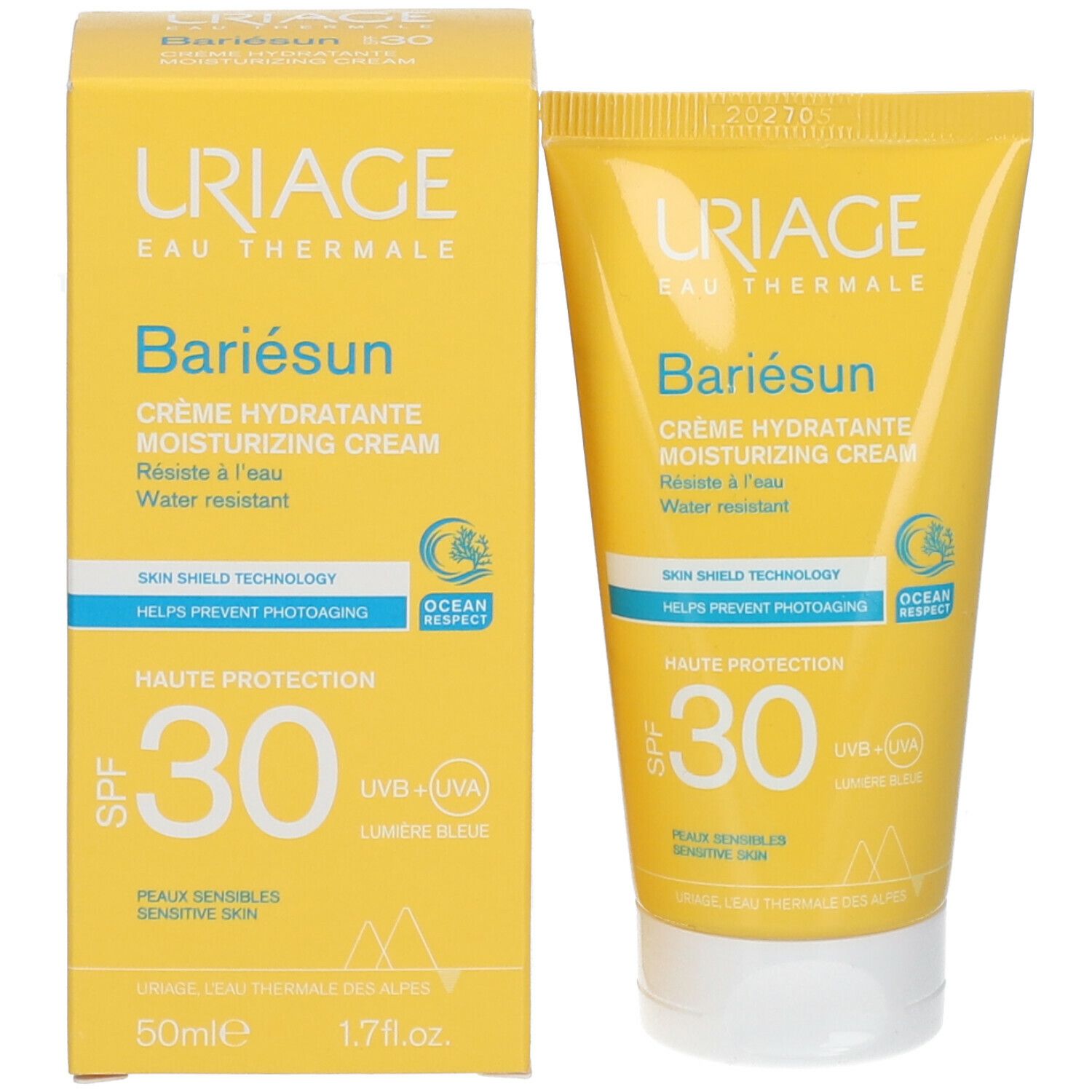 Uriage Bariesun crème SPF30 et boîte. Jaune. Résistant à l'eau, peaux sensibles. SPF30. 50ml.