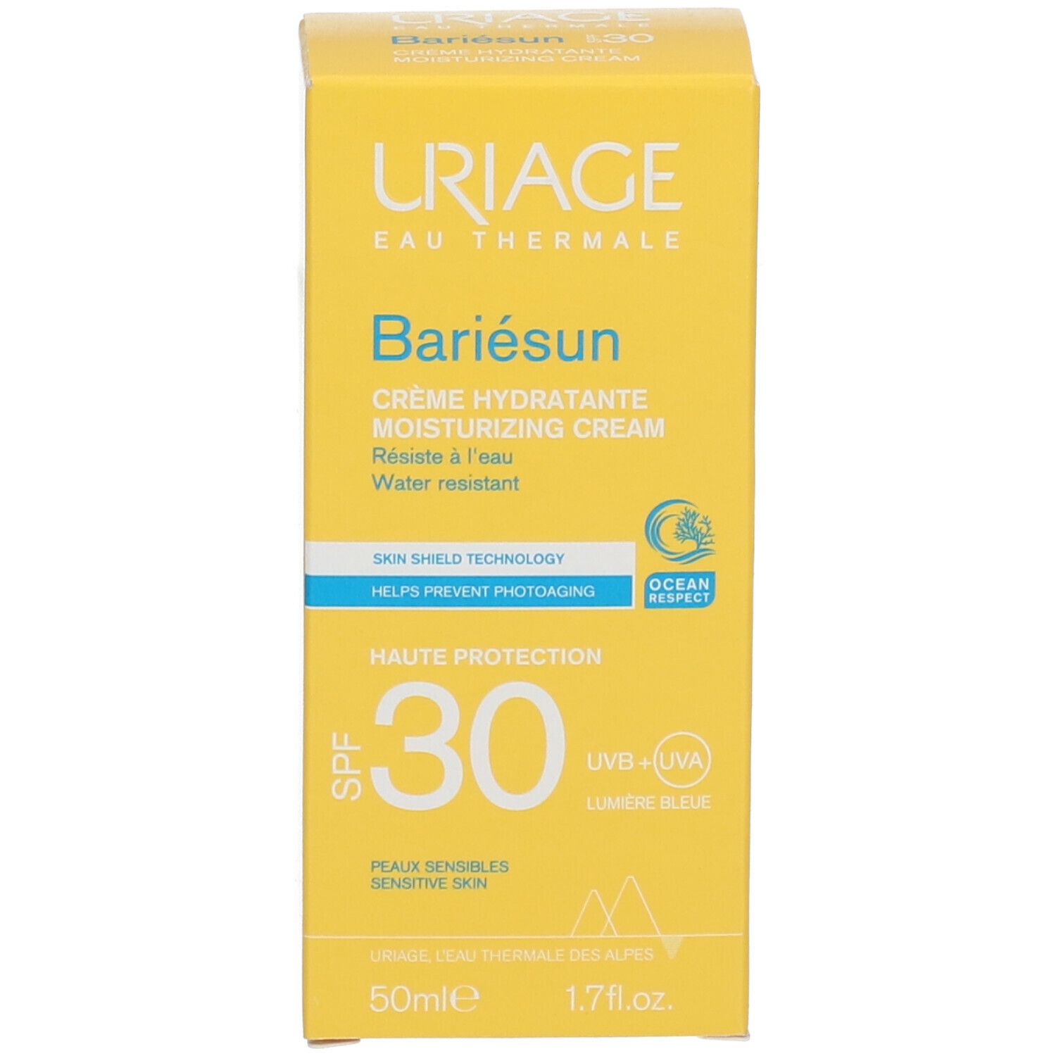 Boîte jaune Uriage Bariesun crème SPF30. Résistant à l'eau, peaux sensibles. SPF30. 50ml.