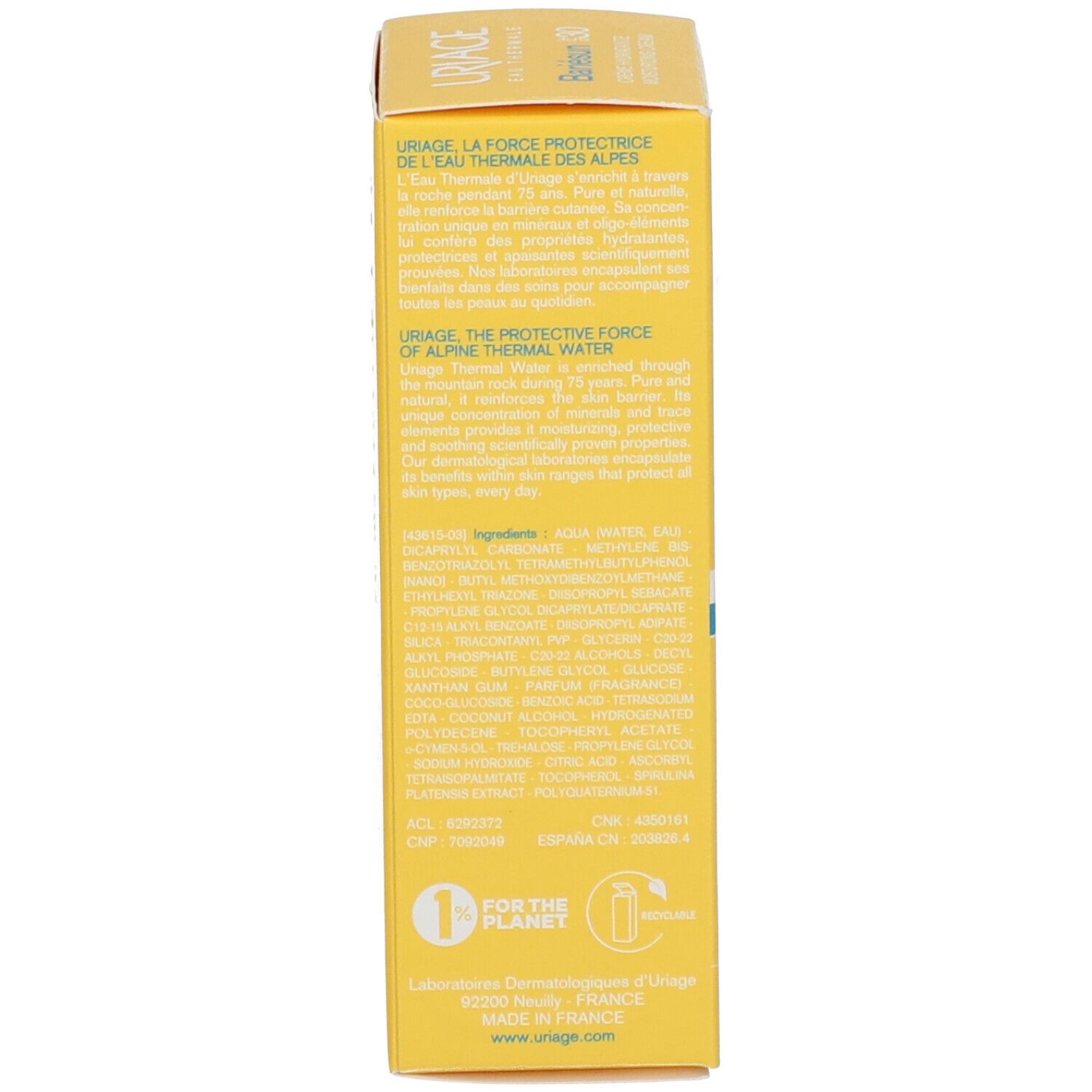 Boîte jaune avec texte. Uriage, protection des Alpes. Ingrédients, Fabriqué en France.