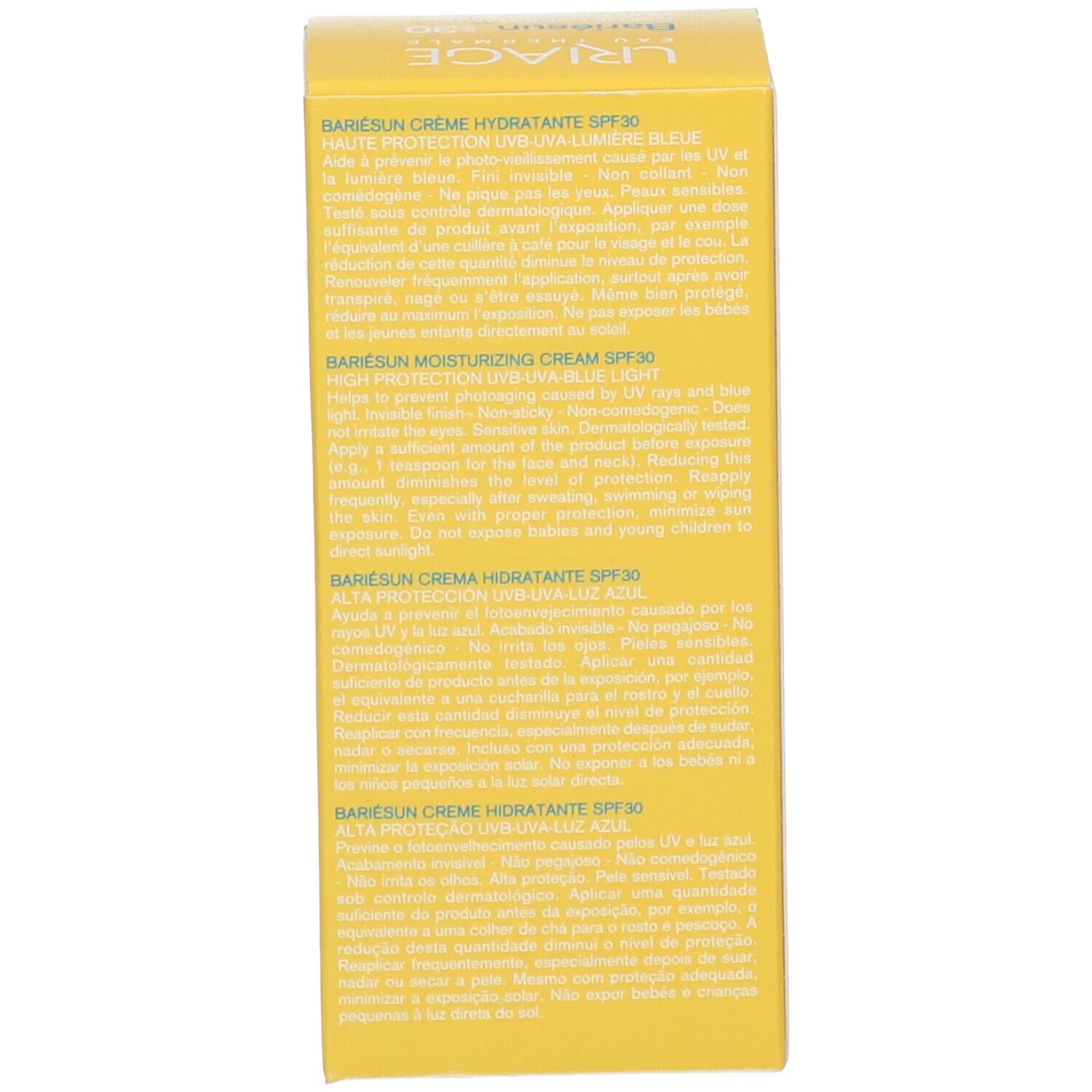 Dos de la boîte jaune. Texte multilingue. Uriage Bariesun crème SPF30.