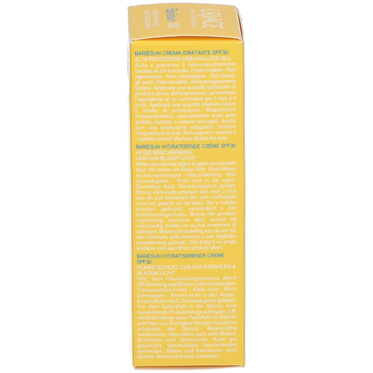 Côté de la boîte jaune. Texte multilingue. Uriage Bariesun crème SPF30.