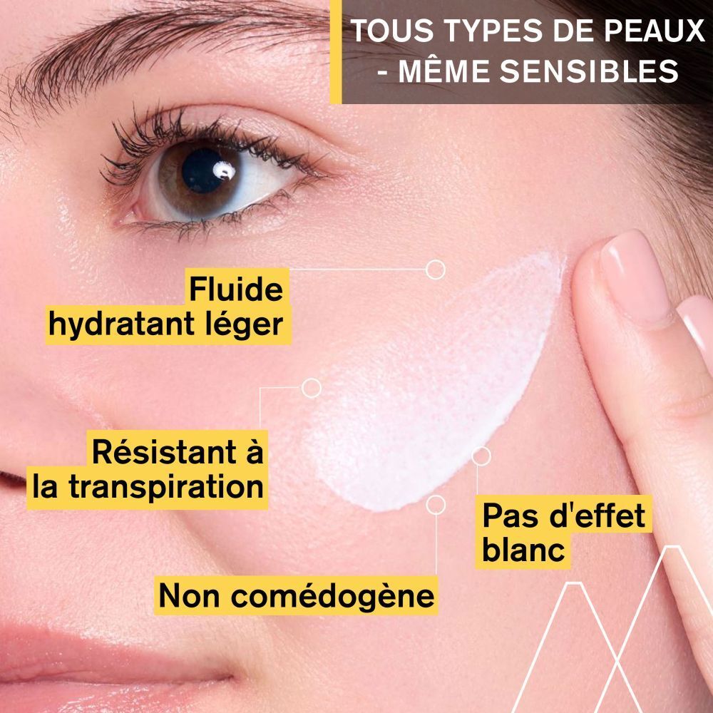 Gros plan d'un visage. Crème appliquée. Non comédogène, résistant à la transpiration, léger.