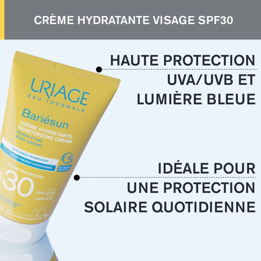 Uriage Bariesun crème SPF30 sur fond jaune. Haute protection, UVA/UVB et lumière bleue.