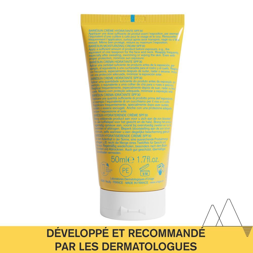 Dos du tube. Texte multilingue. Uriage Bariesun crème SPF30. 50ml.