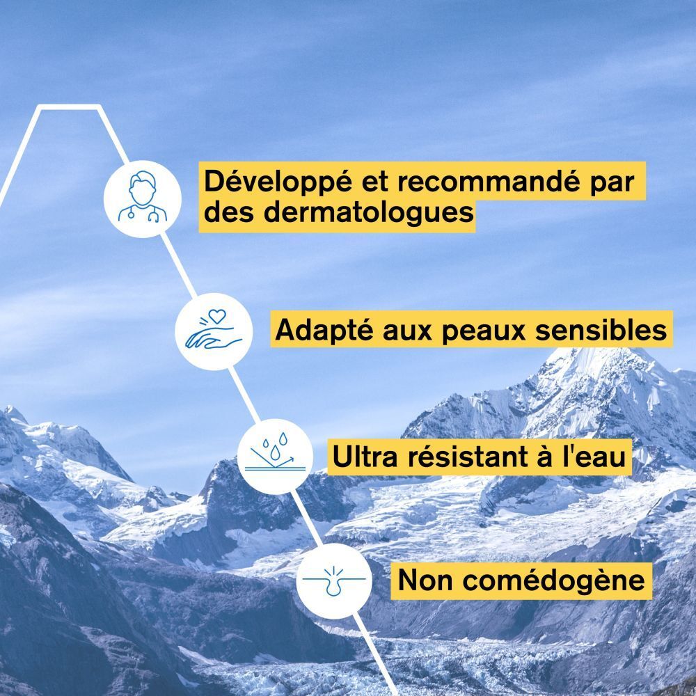 Graphique. Développé et recommandé par les dermatologues. Peaux sensibles, résistant à l'eau, non comédogène.