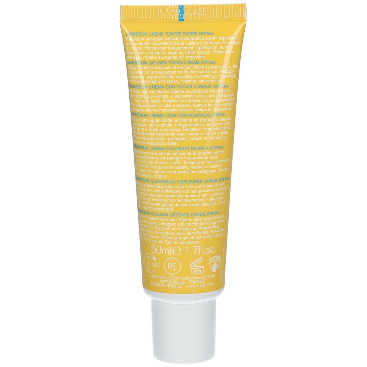 Achterkant van de Uriage Bariésun tube. Meertalige tekst, 50ml en certificeringen.