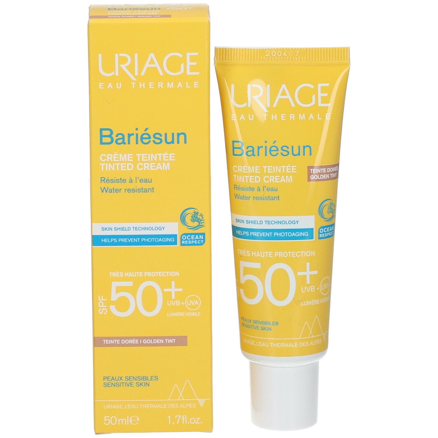 Uriage Bariésun getinte crème SPF50+ en verpakking. Geel, met productinfo en SPF50+.