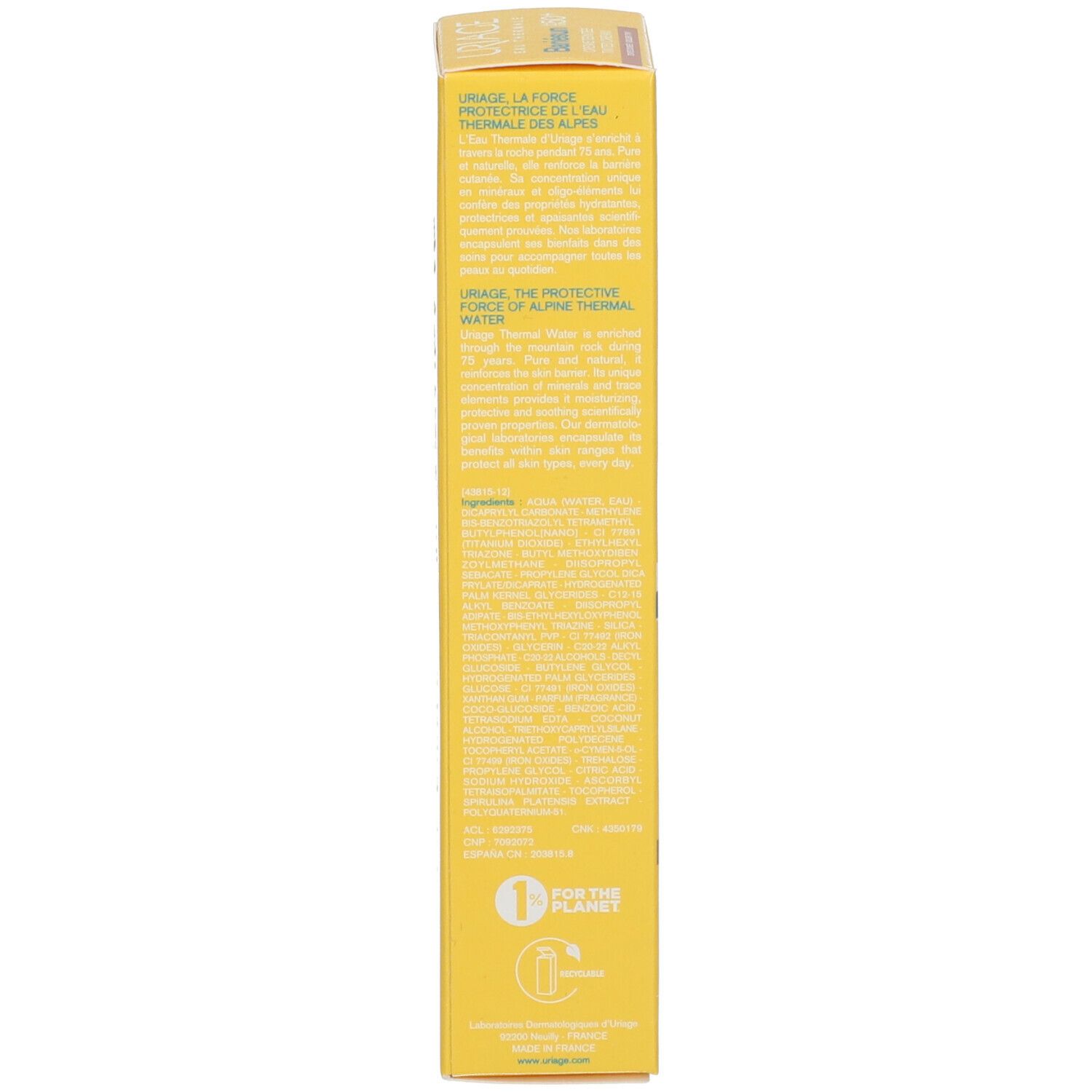 Zijkant van de Uriage Bariésun verpakking. Meertalige tekst, ingrediënten en certificeringen.