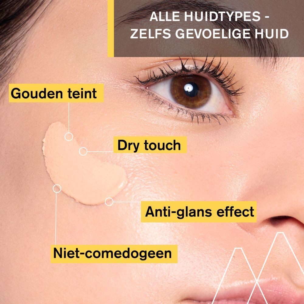Close-up: gezicht met crème-applicatie. Tekst: Gouden teint, dry touch, anti-glans effect.